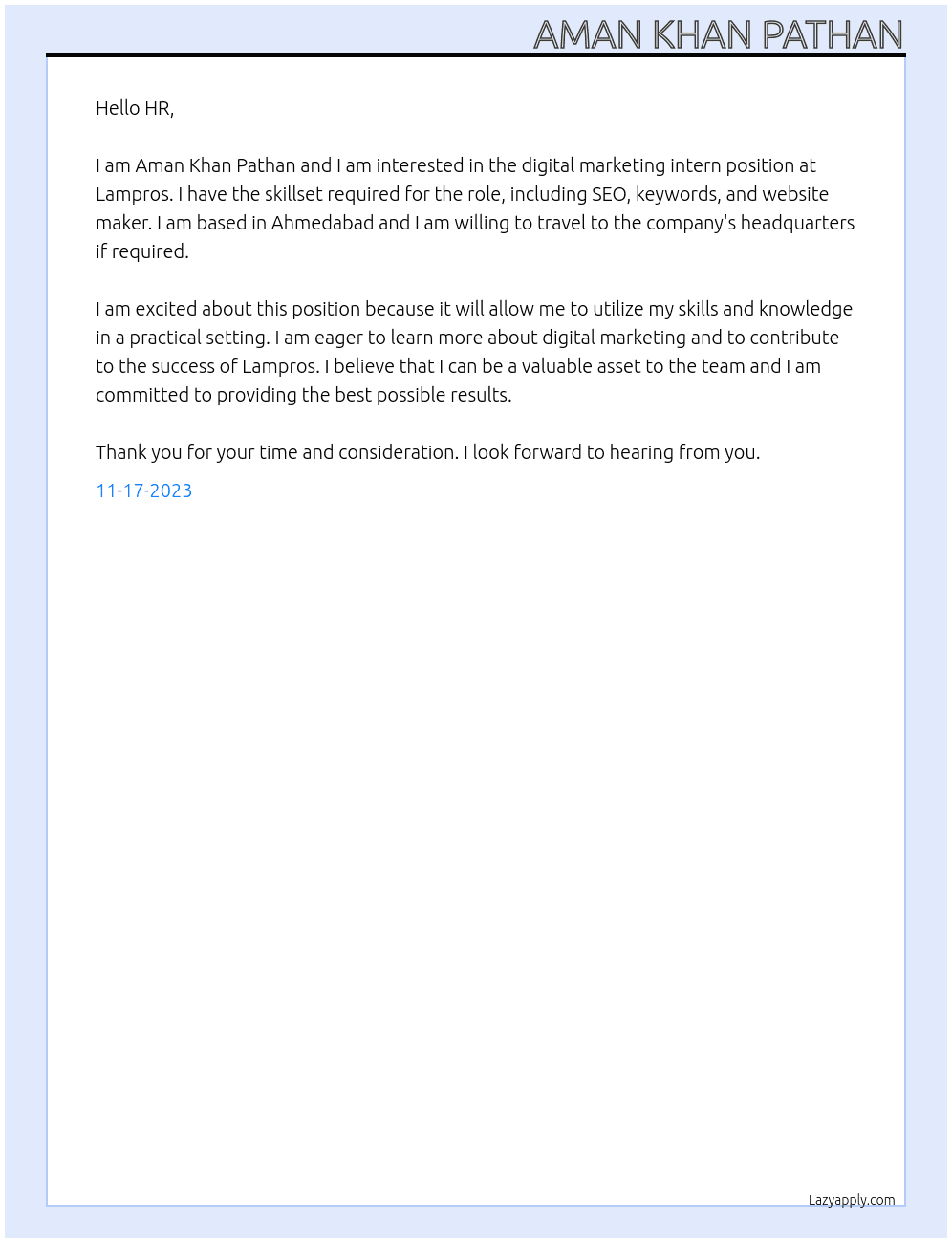 Digital marketing intern At Lampros Cover Letter