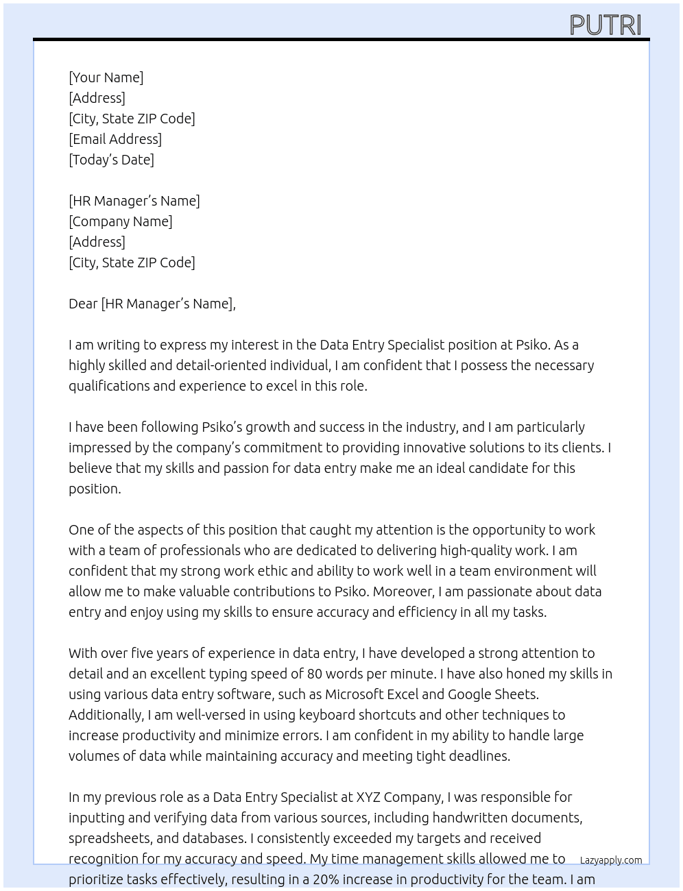 Data Entry Specialist  At Psiko Cover Letter