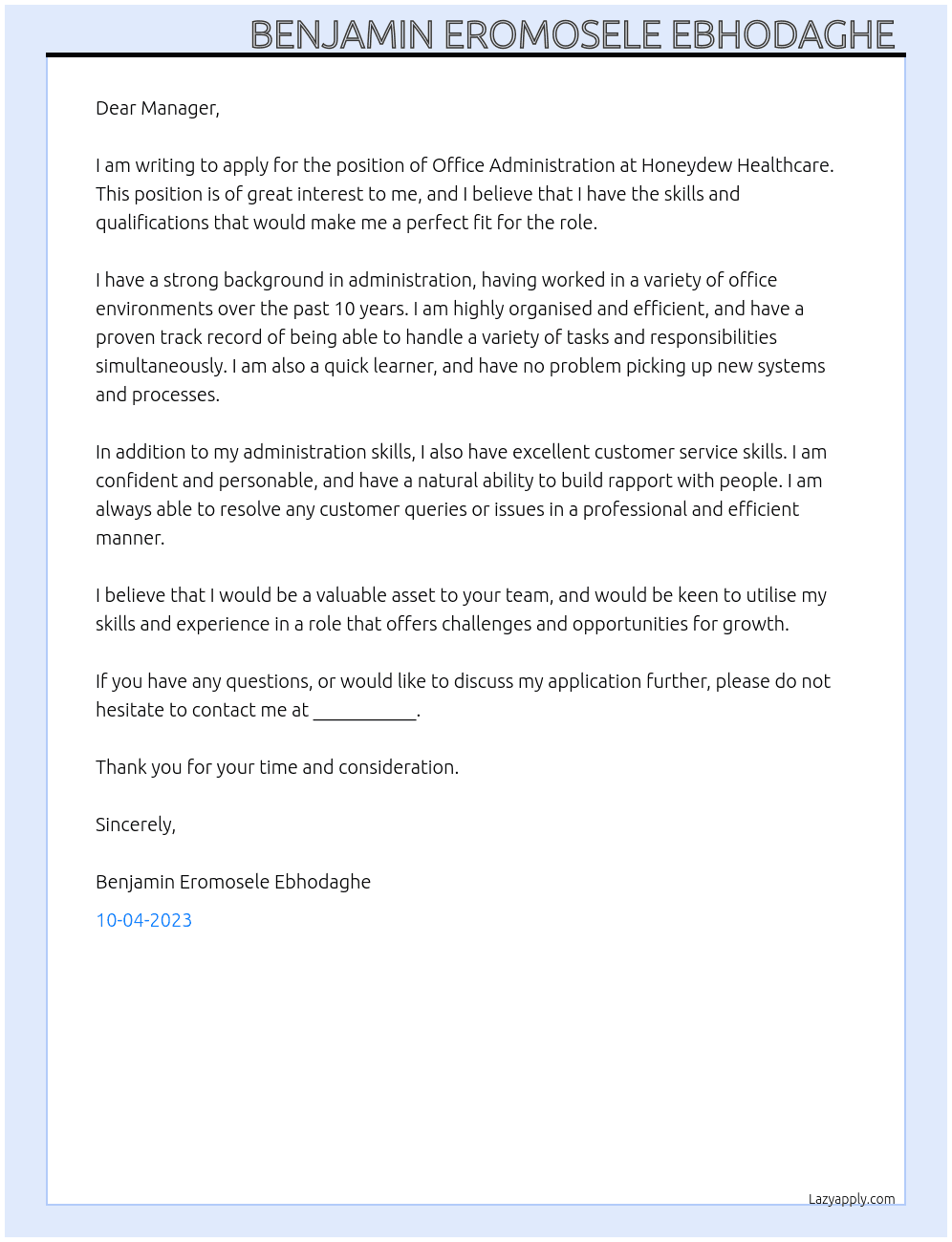 Office Administration  At Honeydew Healthcare  Cover Letter