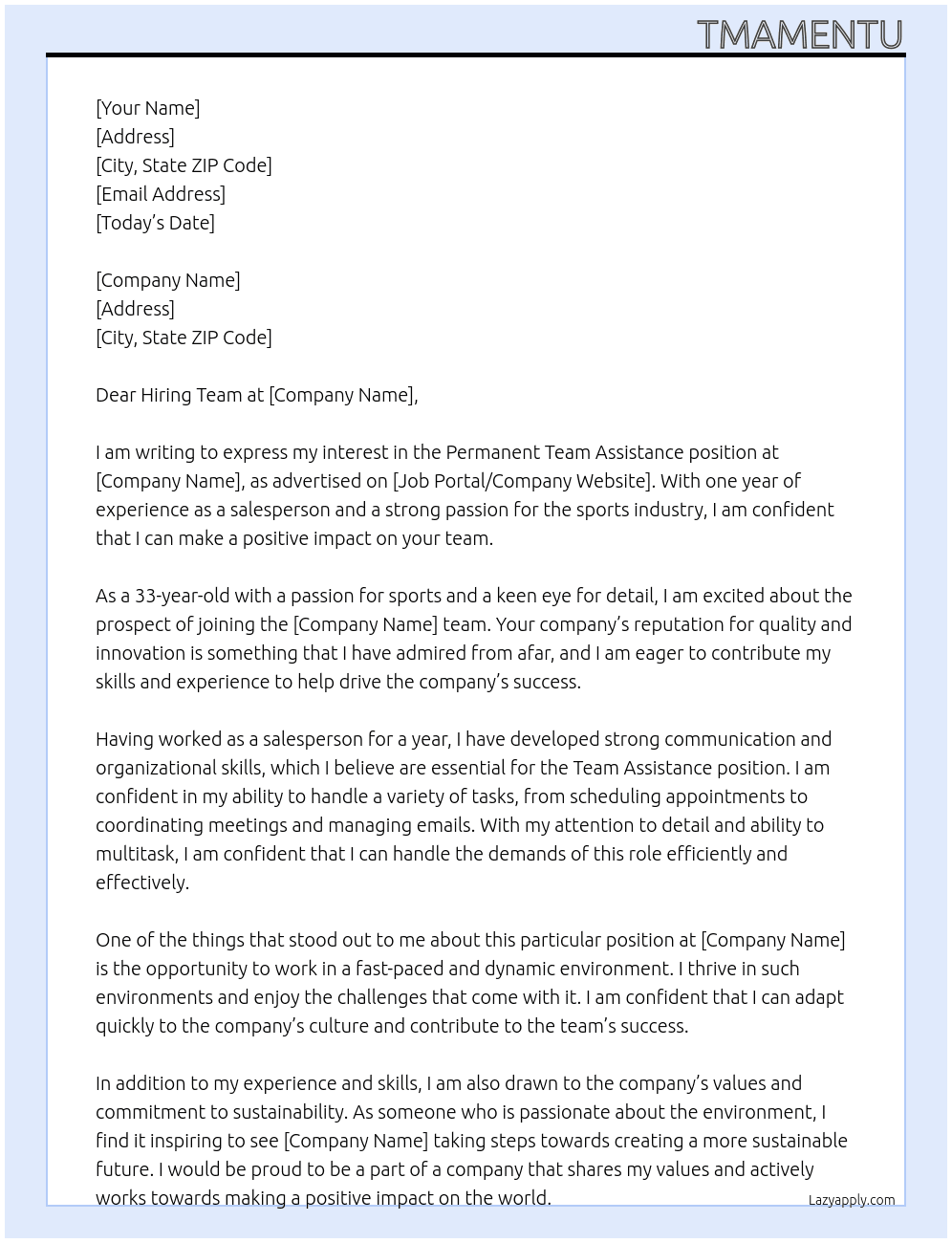 Permanent team assistance  At Ex.Adidas Cover Letter