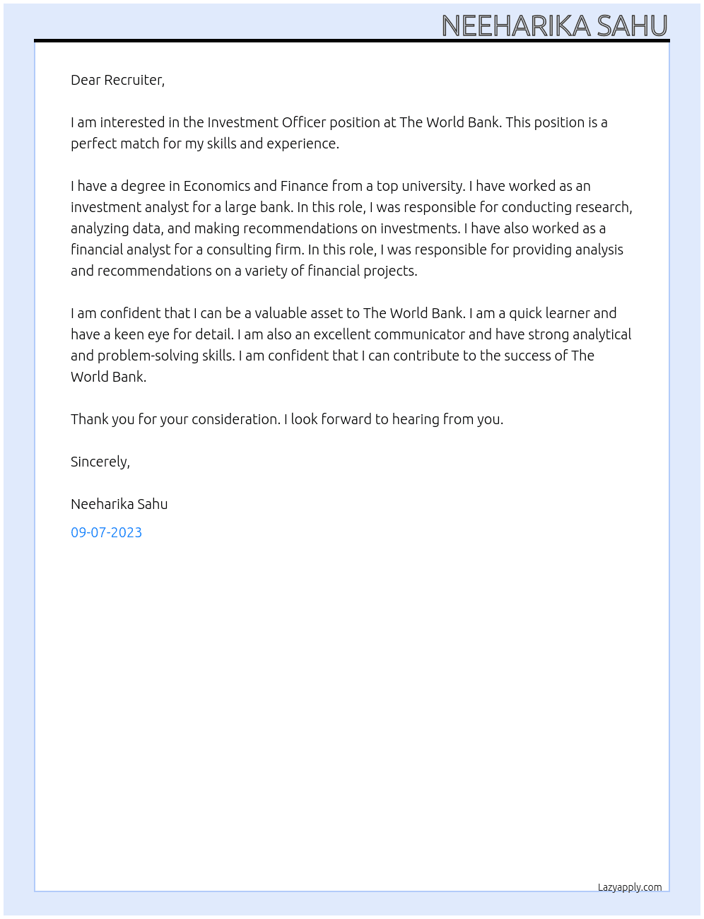 Investment Officer At The World Bank Cover Letter