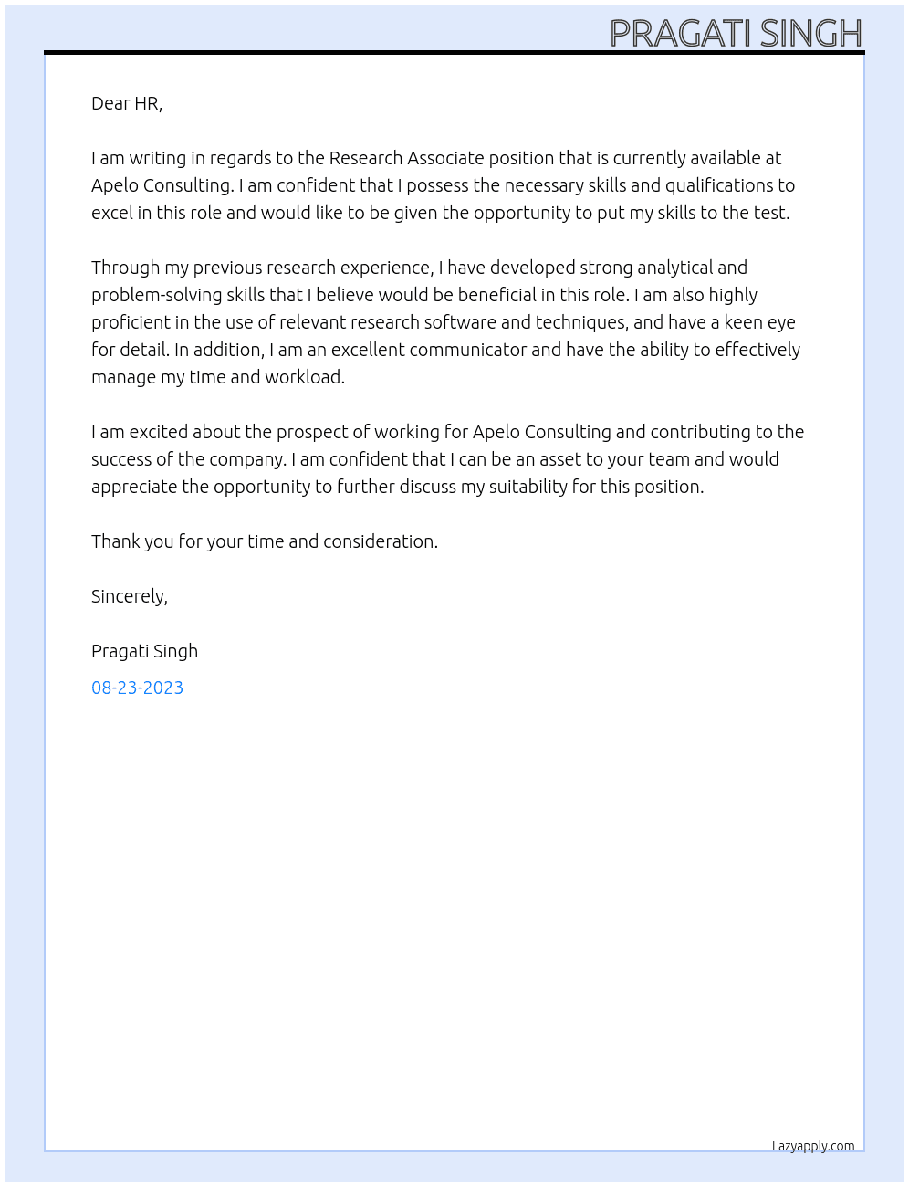Research Associate At Apelo Consulting Cover Letter