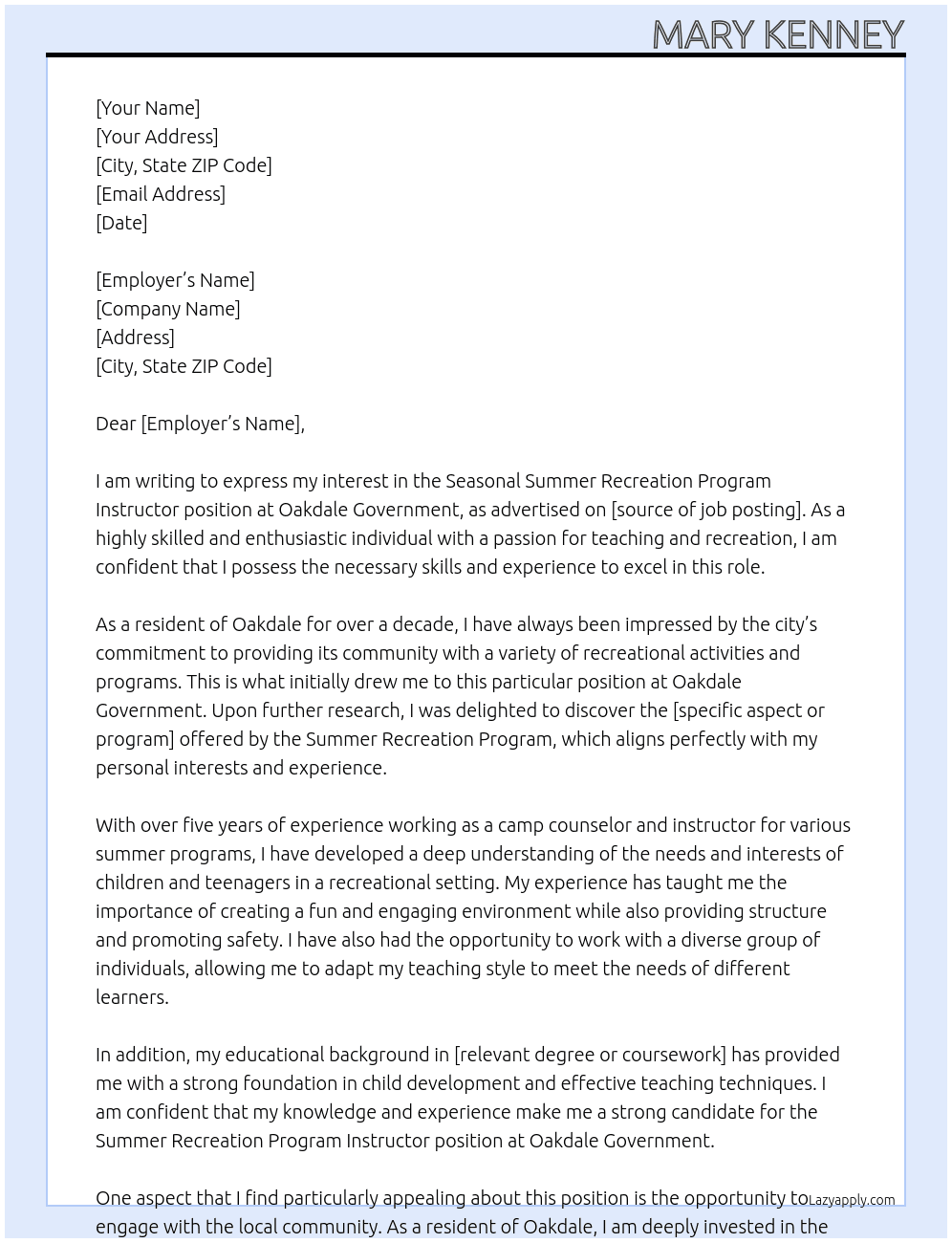  Seasonal Summer Recreation Program Instructor At Oakdale Govenrment Cover Letter
