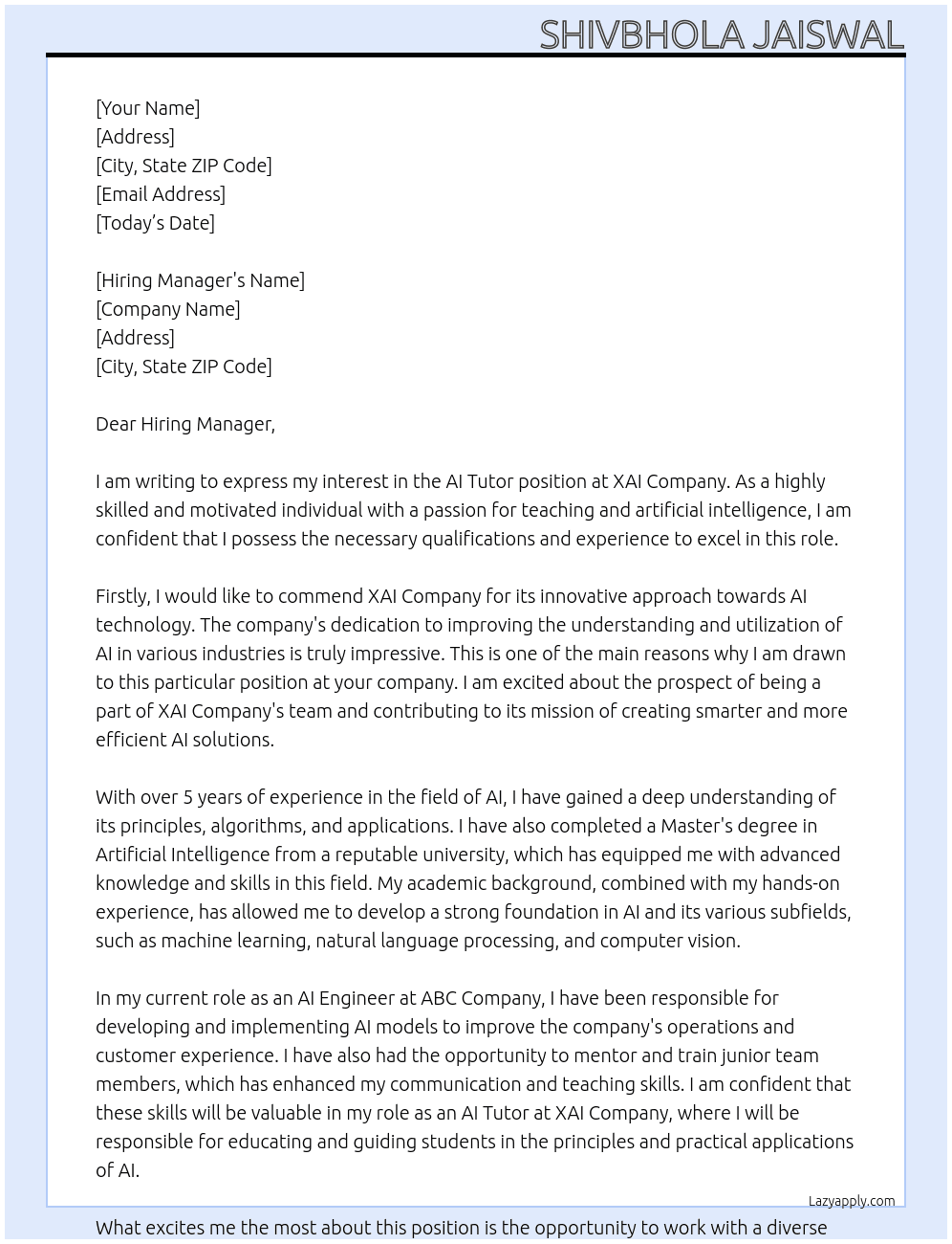 AI TUTOR  At XAI COMPANY Cover Letter