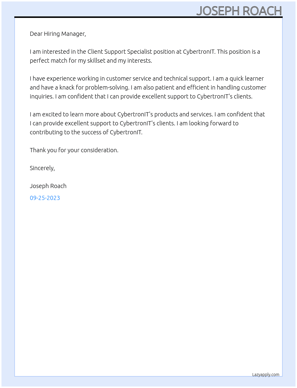 Client Support Specialist At CybertronIT Cover Letter
