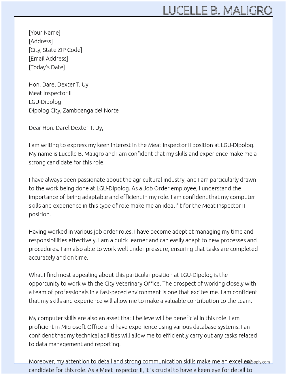 Meat Inspector II At LGU-Dipolog Cover Letter
