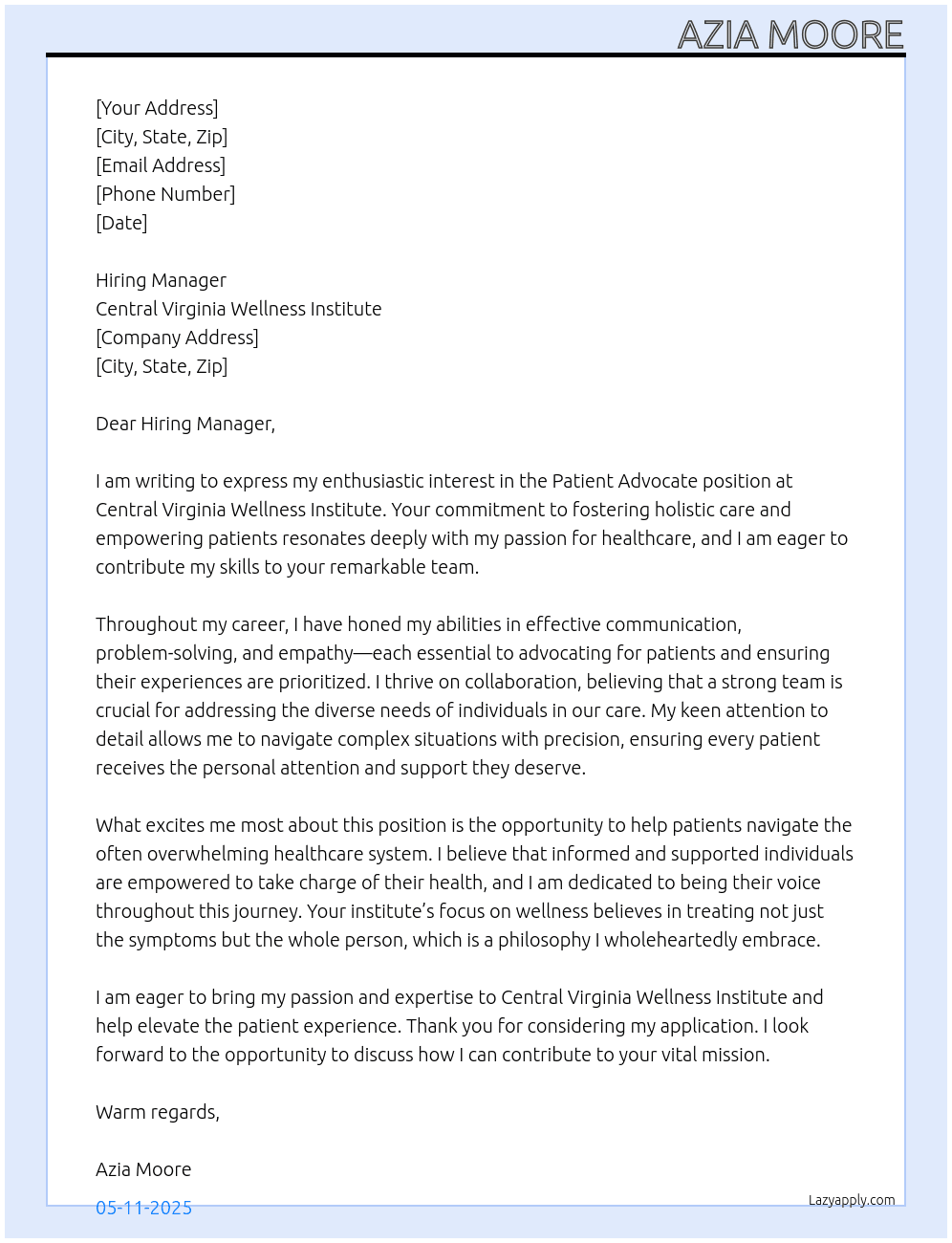 Patient Advocate At Central Virginia wellness institute Cover Letter