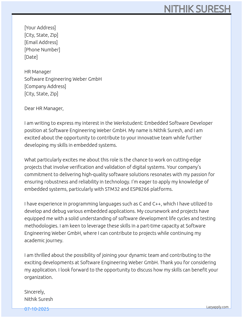 Cover letter for werkstudent: embedded software developer - LazyApply