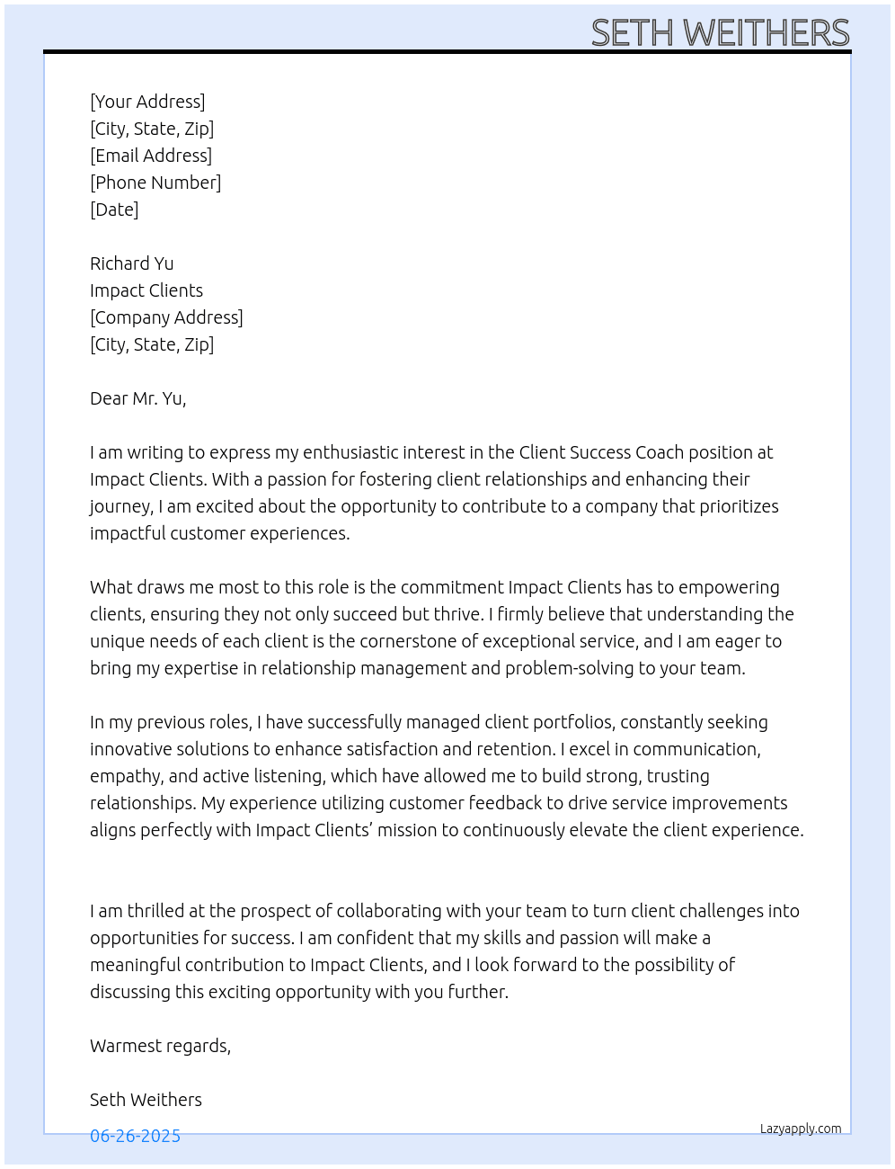Client Success Coach At Impact Clients Cover Letter