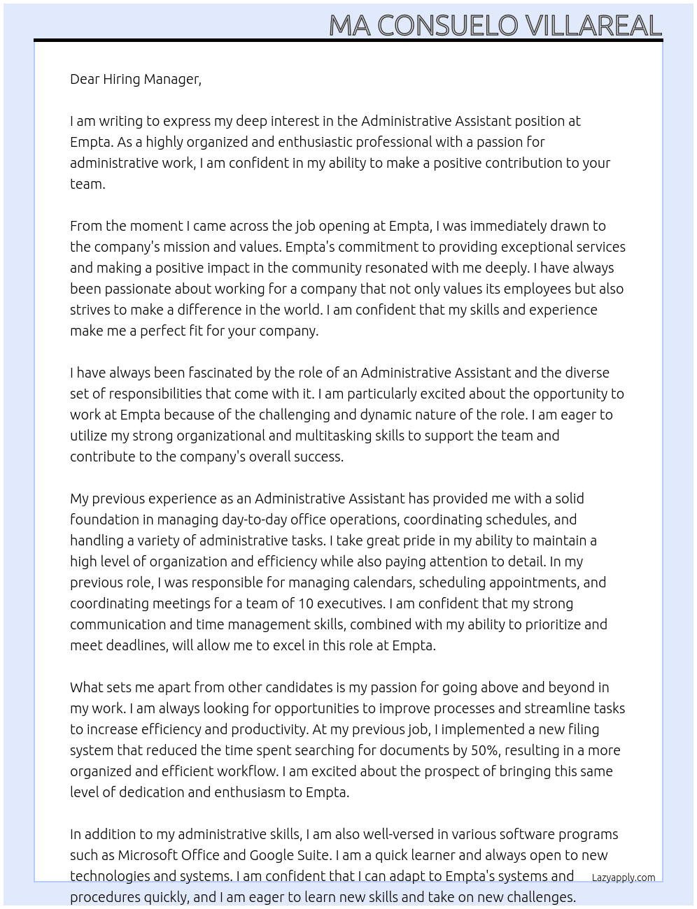 Administrative Assistant At Empta Cover Letter