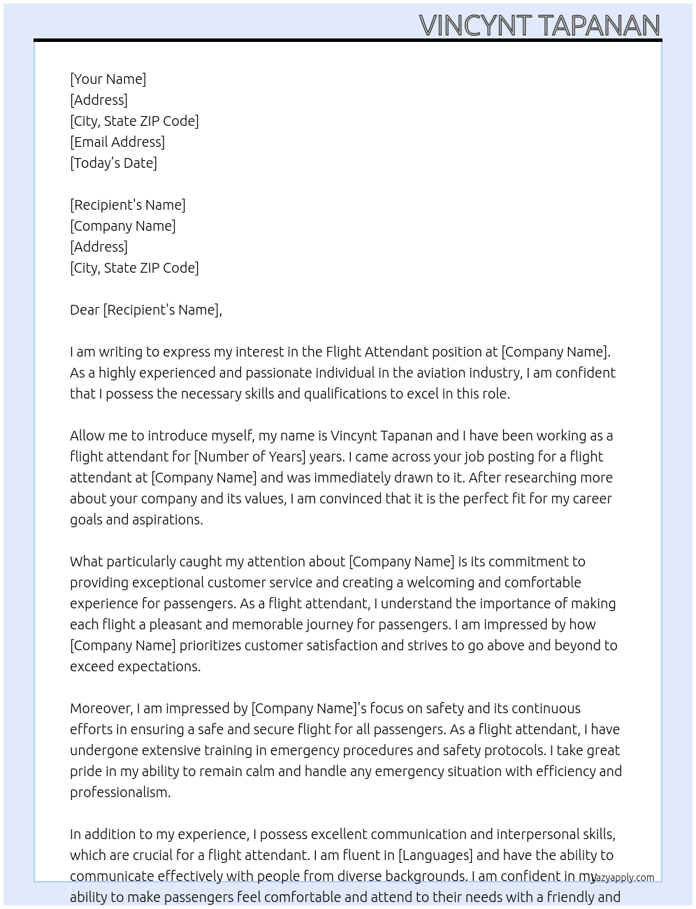 flight attendant At flight attendant Cover Letter