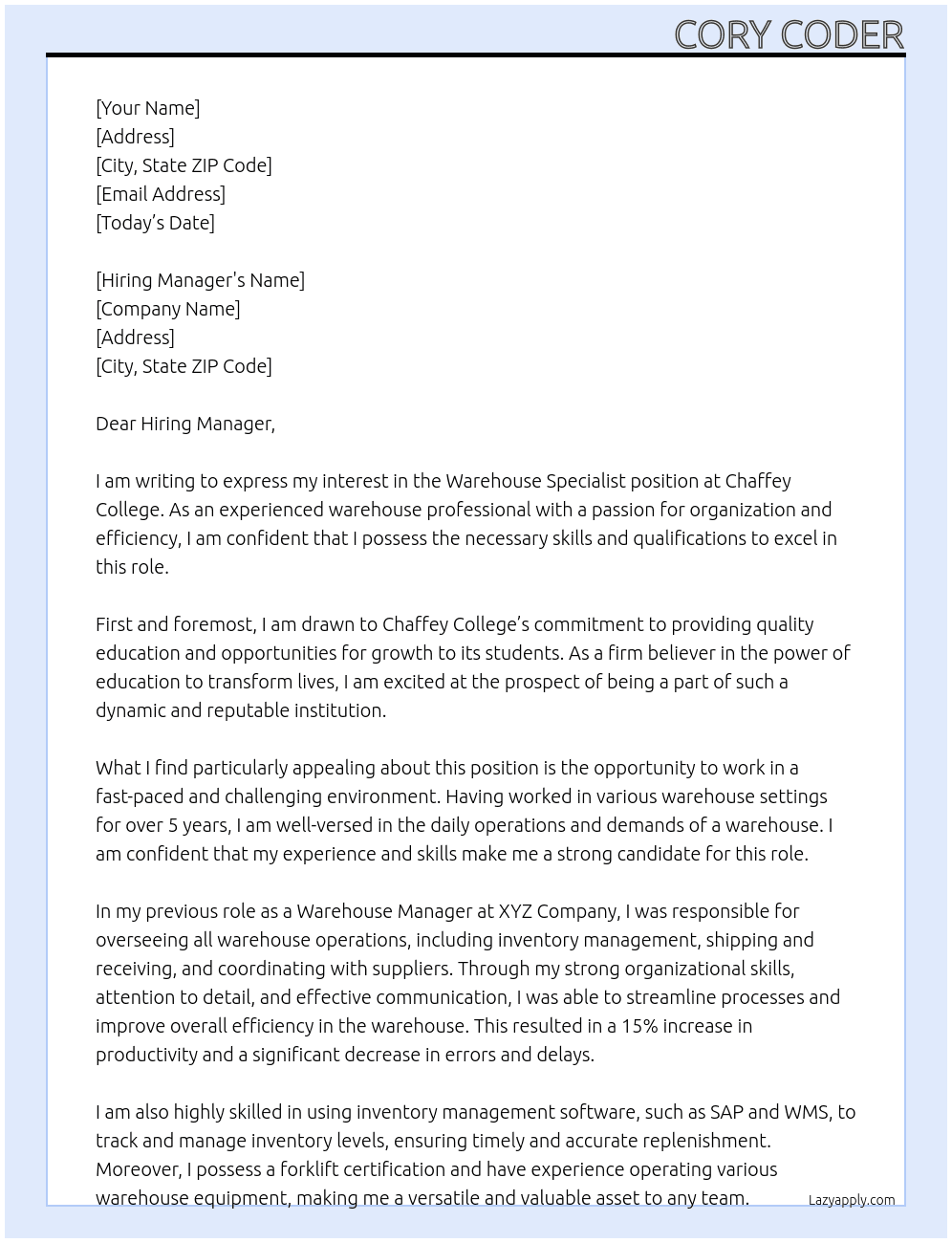 Warehouse Specialist At Chaffey College Cover Letter