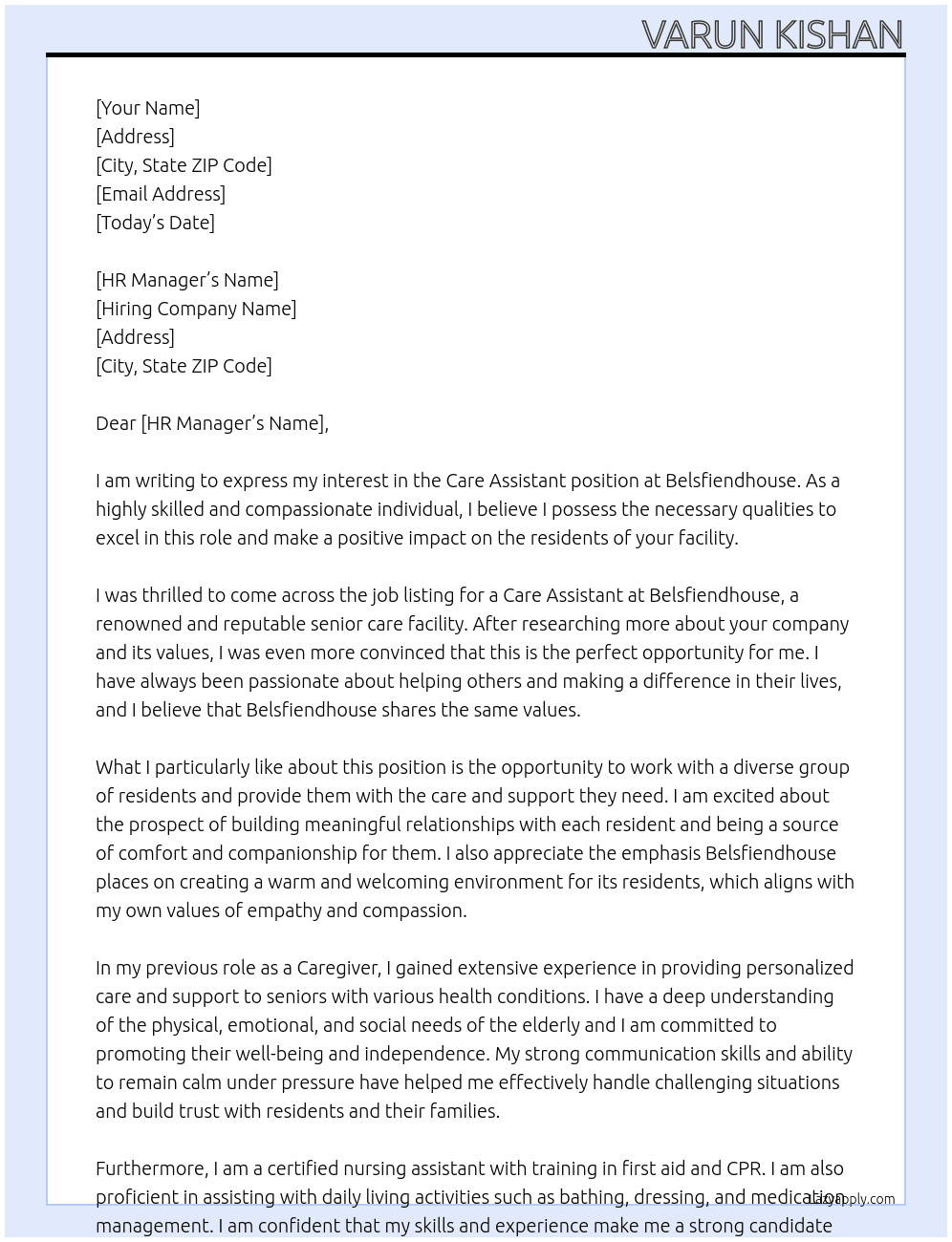 Care Assistant At Belsfiendhouse Cover Letter