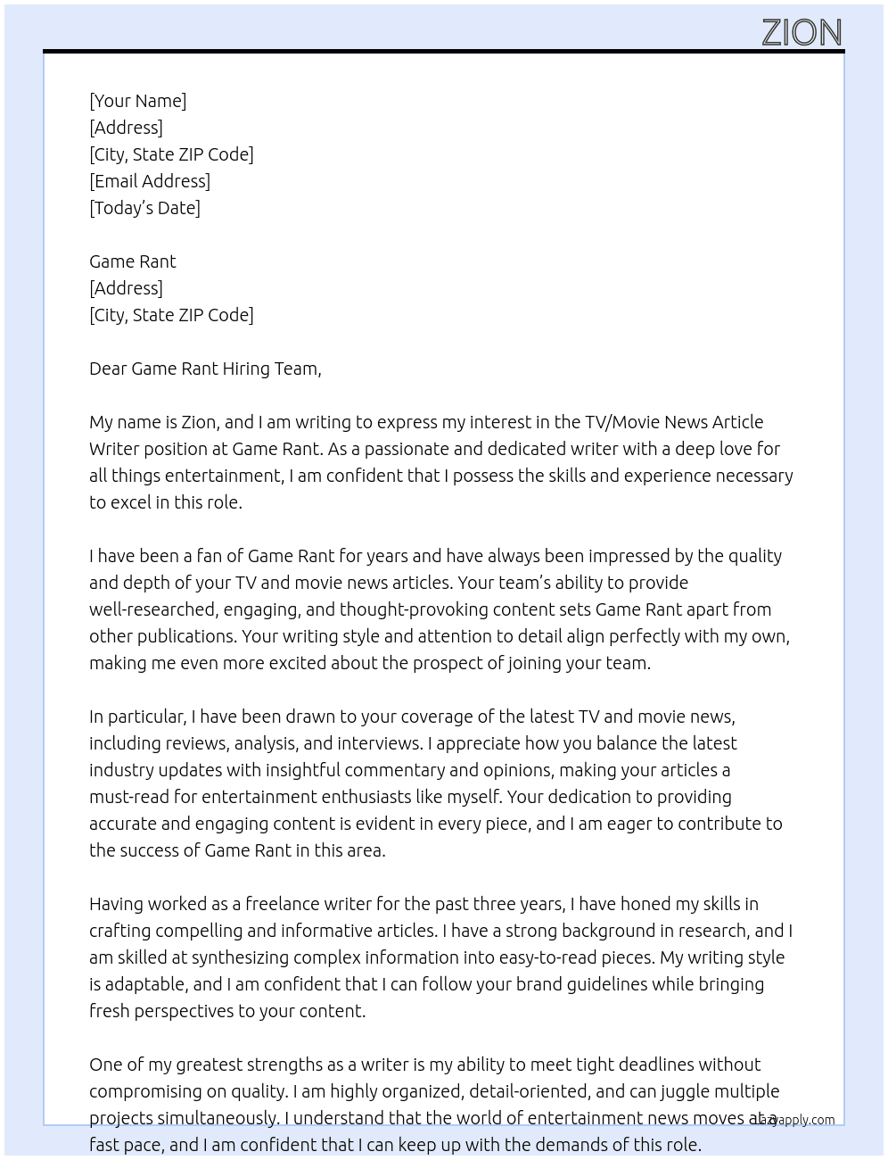 TV/Movie News Article Writer At Game Rant Cover Letter