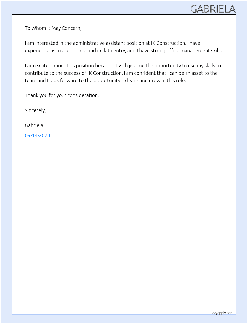 administrative assistant At IK Construction Cover Letter