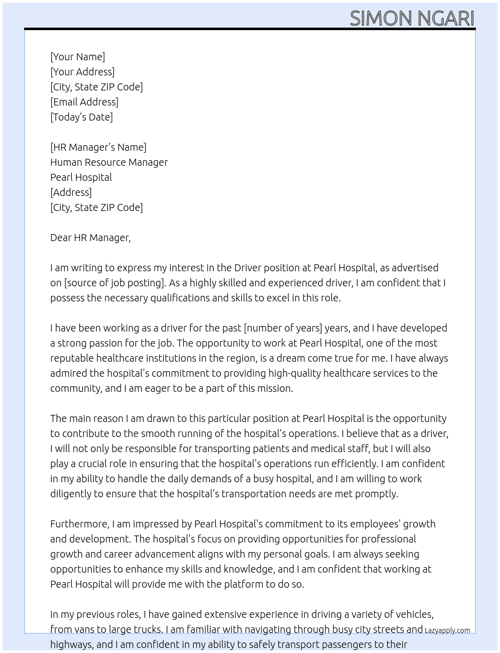 Driver At Pearl hospital Cover Letter