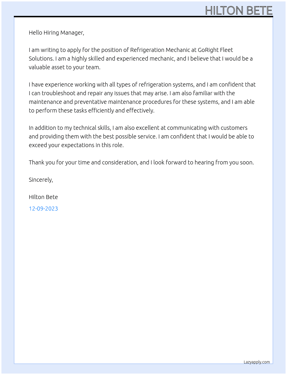 Refrigeration mechanic At GoRight fleet solutions Cover Letter