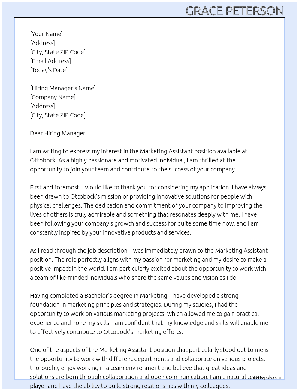 Marketing Assistant At Ottobock Cover Letter