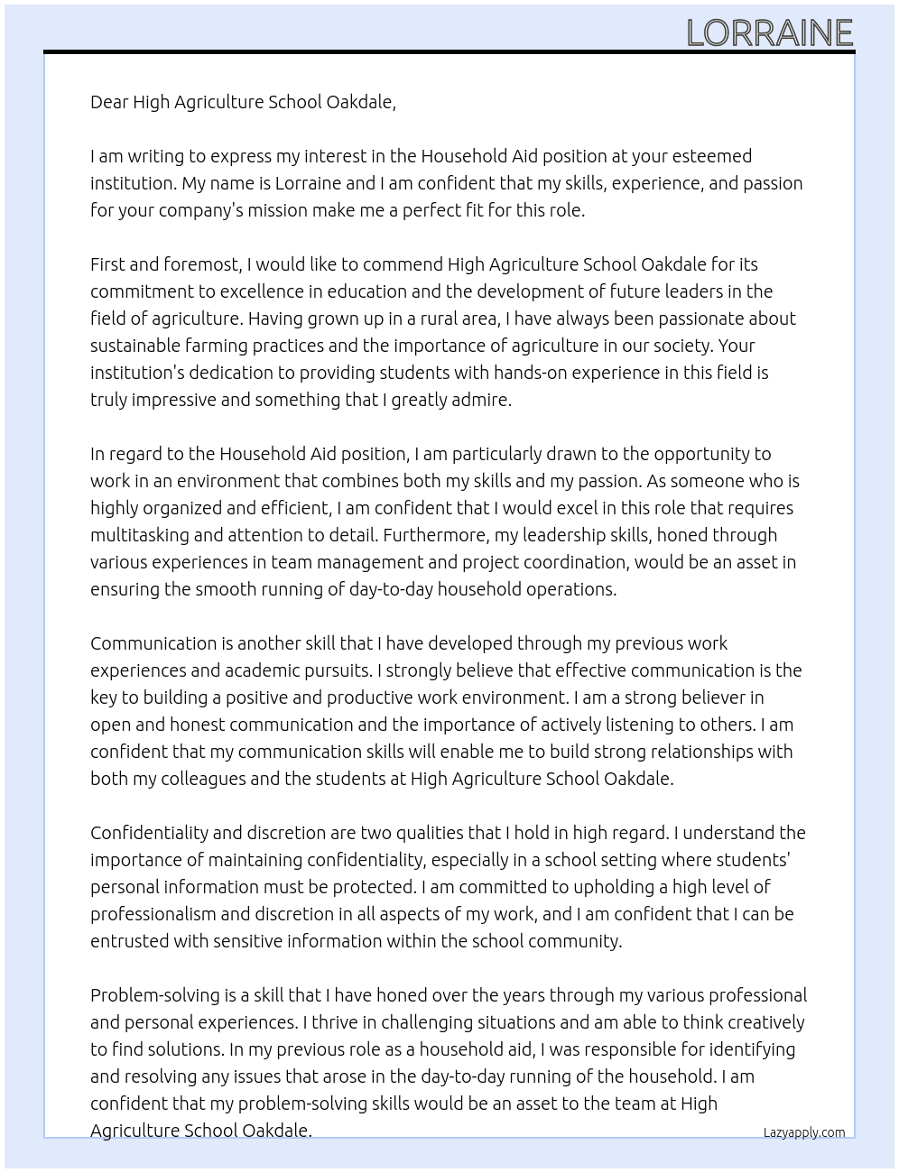 Household Aid At High Argriculture School Oakdale Cover Letter