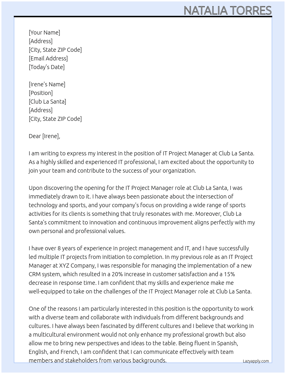 It project manager At Club La Santa Cover Letter