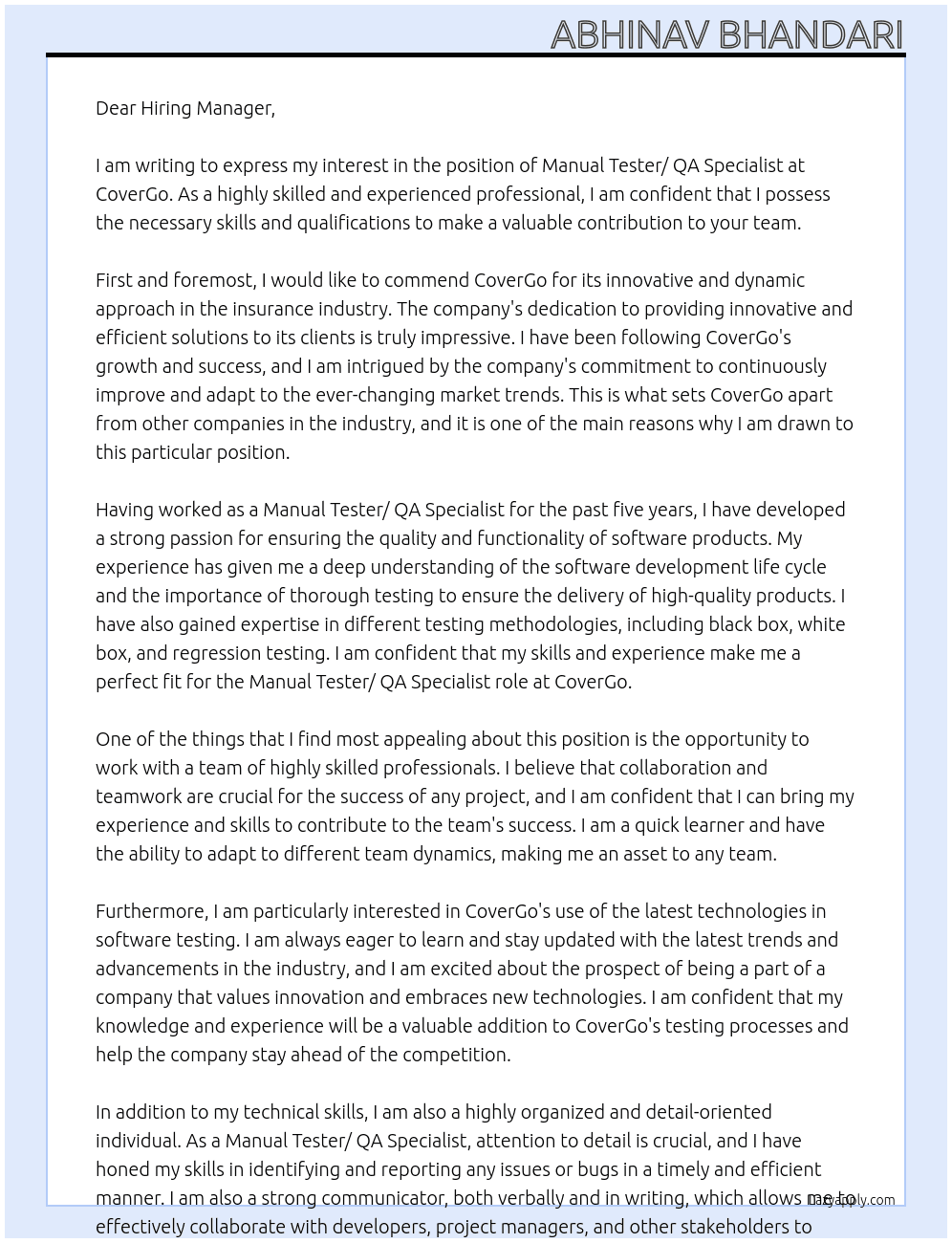 Manual Tester/ QA specialist  At CoverGo Cover Letter