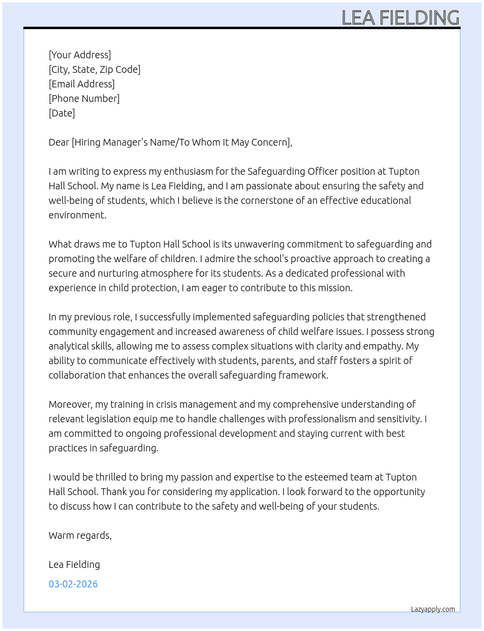 Safeguarding Officer At Tupton Hall School Cover Letter