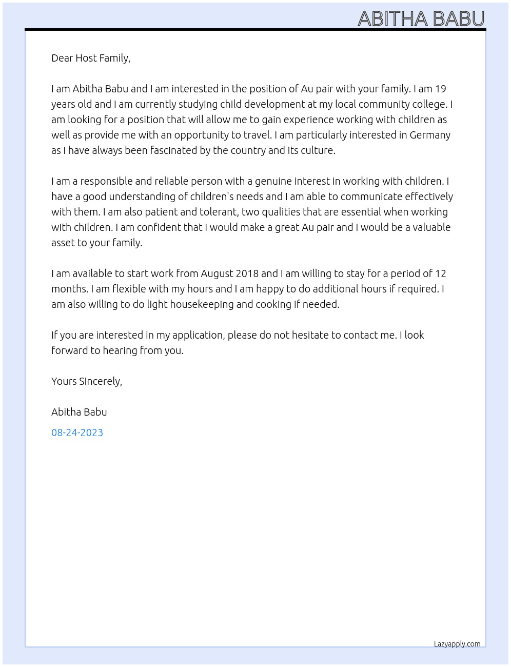 Au pair  At Vip agency Cover Letter