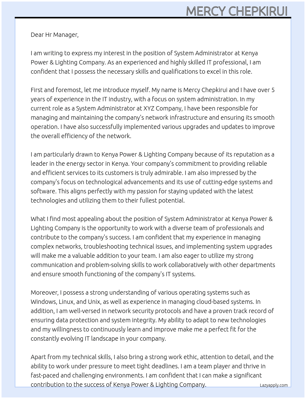 System administrator  At Kenya Power & Lighting Company  Cover Letter