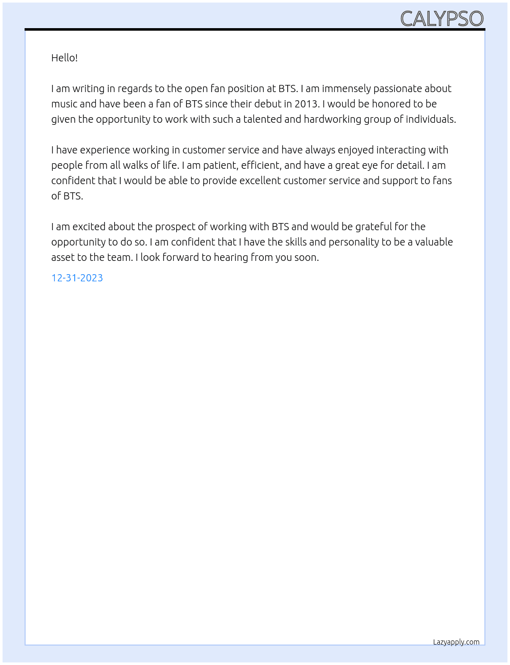Fan At BTS Cover Letter