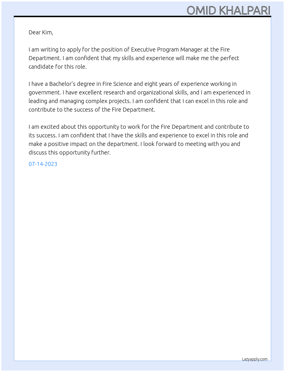 Executive Program Manager At FIRE DEPARTMEN Cover Letter
