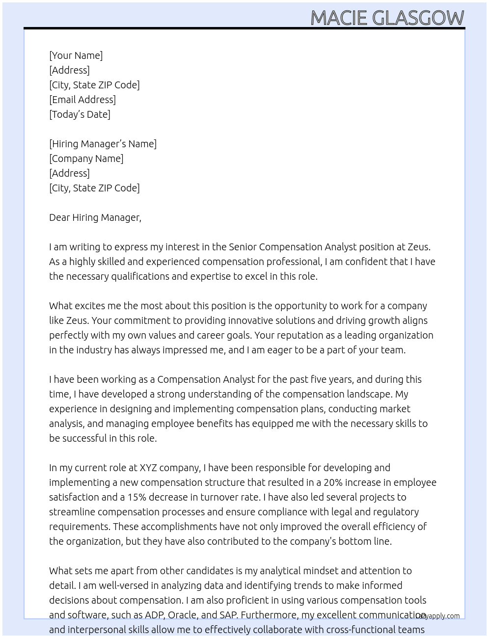 Senior Compensation Analyst At Zeus Cover Letter