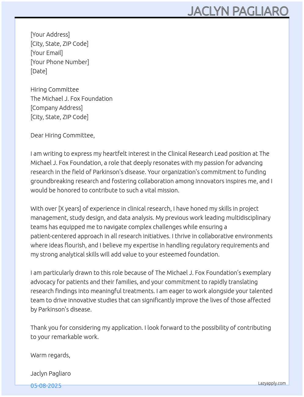 Clinical Research Lead At The Michael J. Fox Foundation Cover Letter