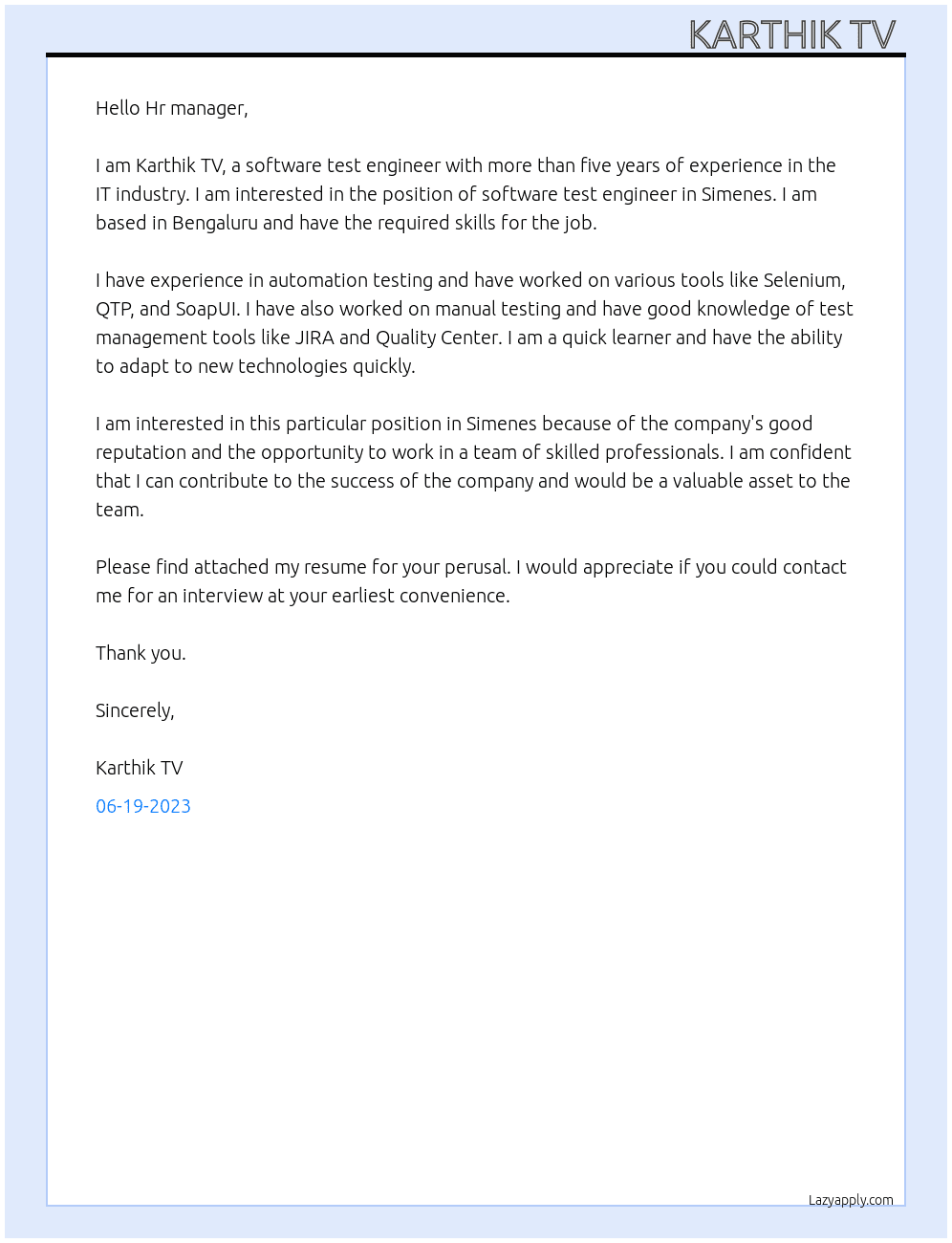Software test engineer  At Simenes Cover Letter