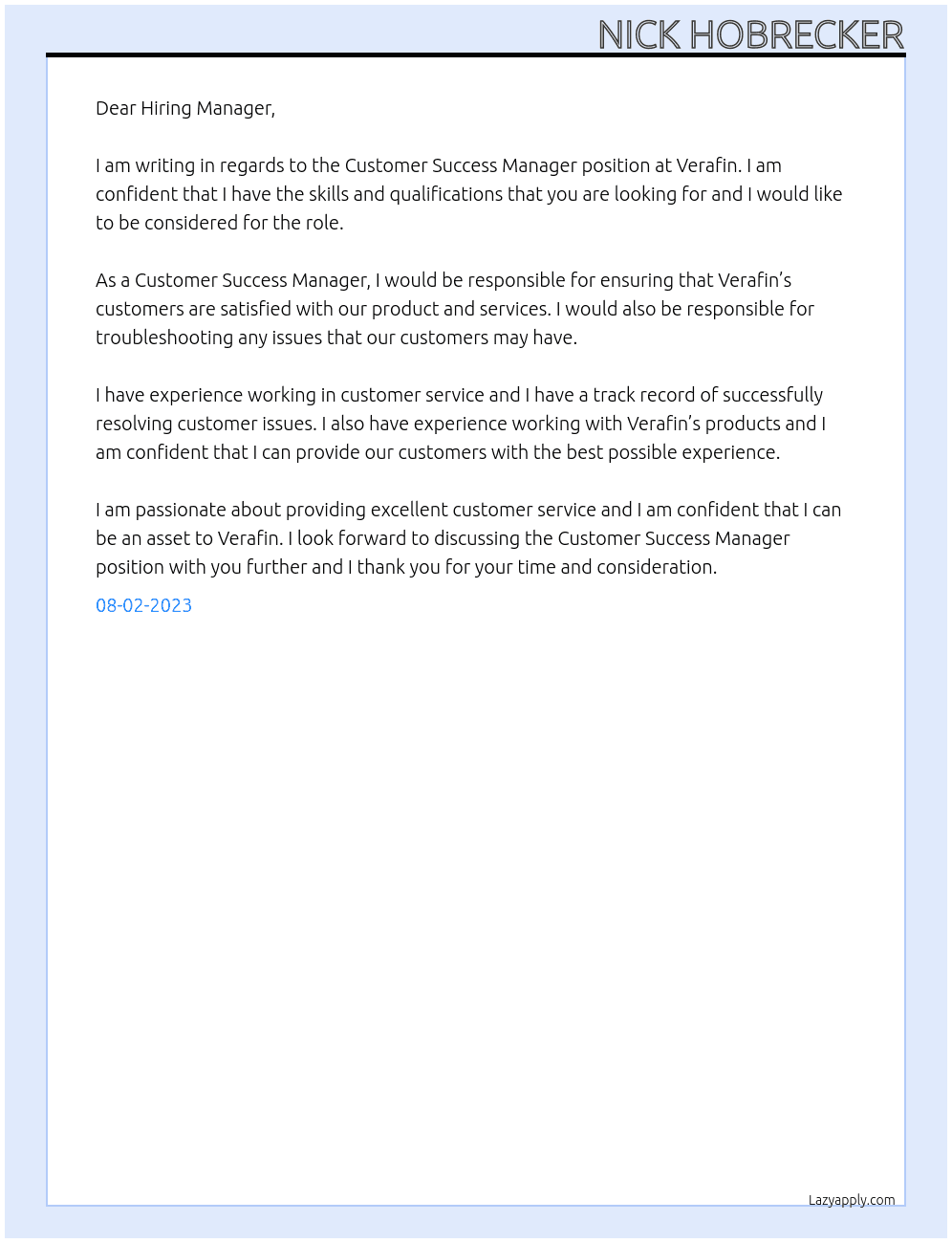 Customer Success Manager  At Verafin Cover Letter