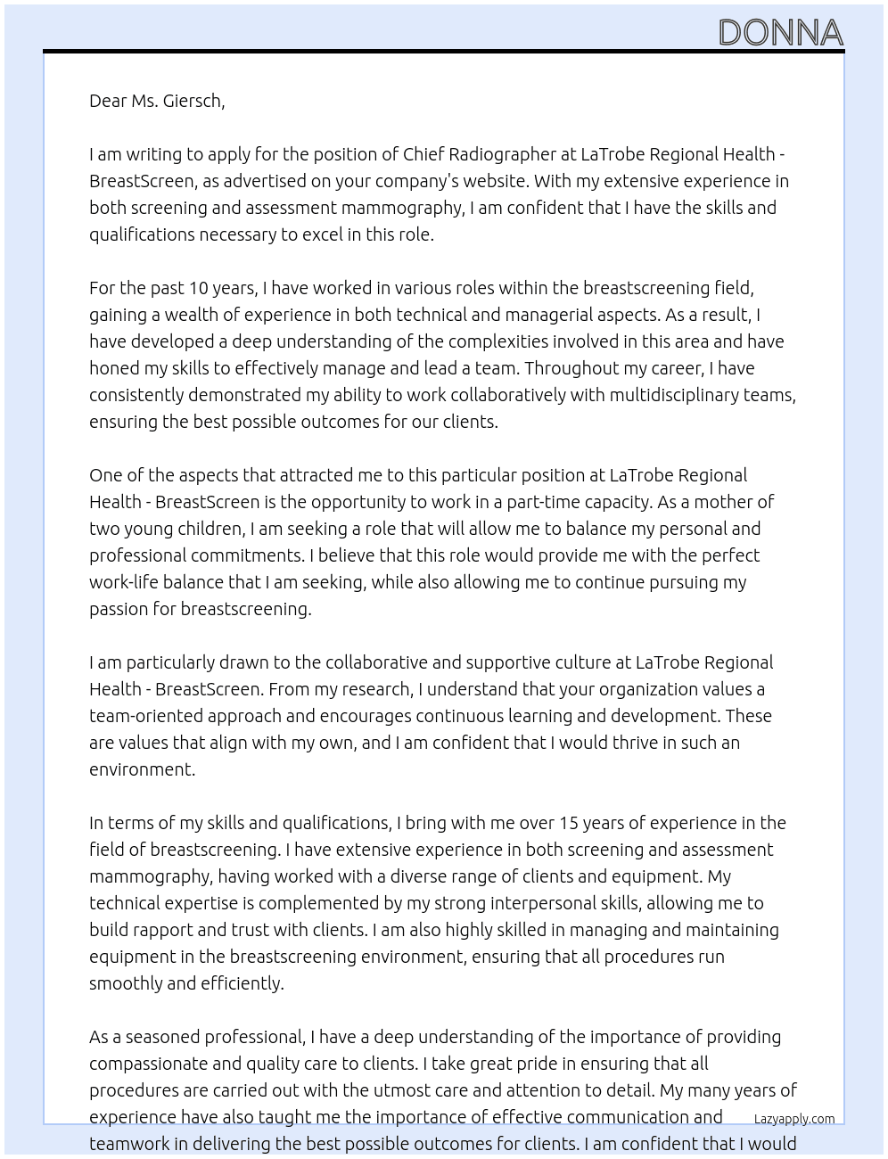 Chief Radiographer At LaTrobe Regional Health - BreastScreen Cover Letter