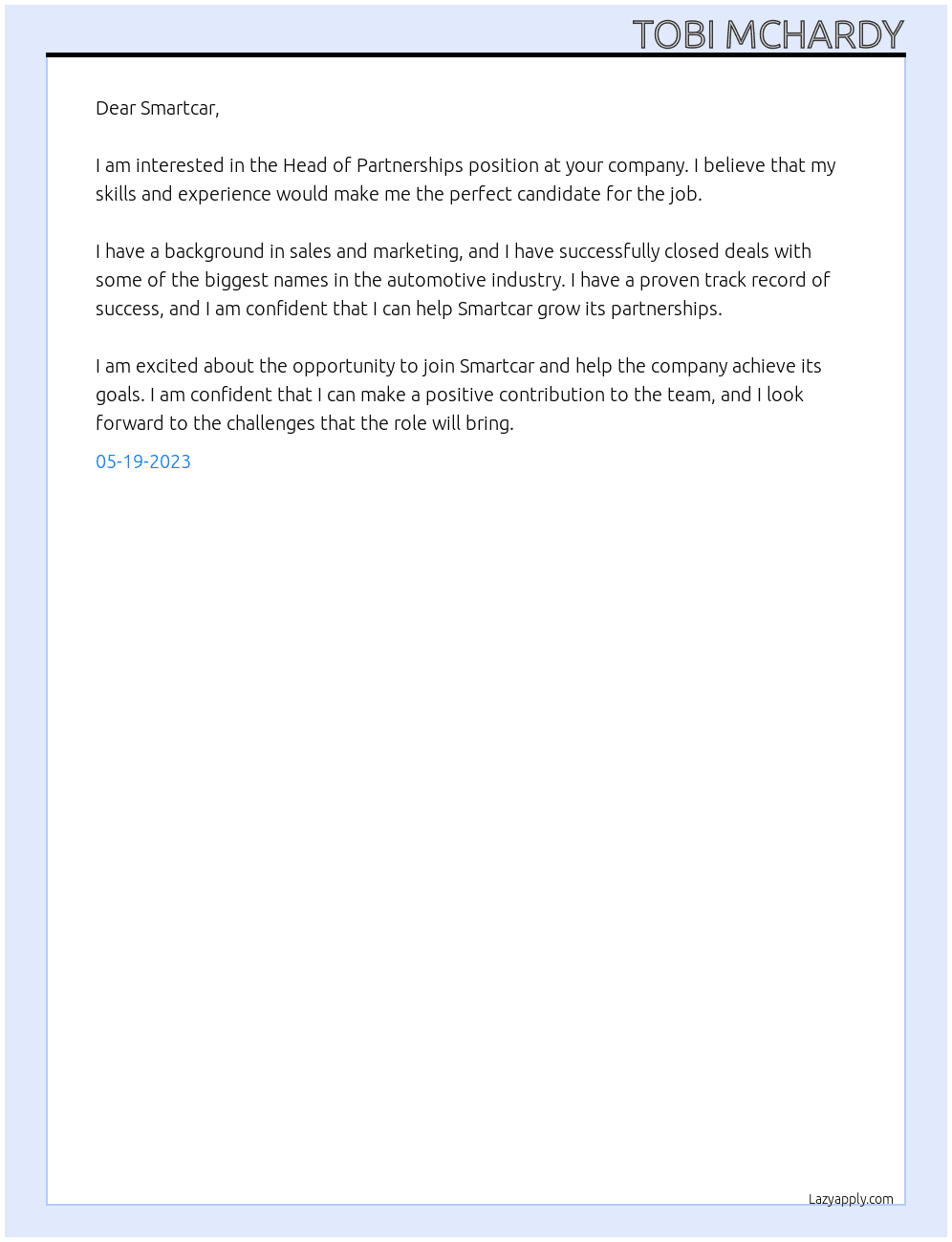 Head of Partnerships At Smartcar Cover Letter