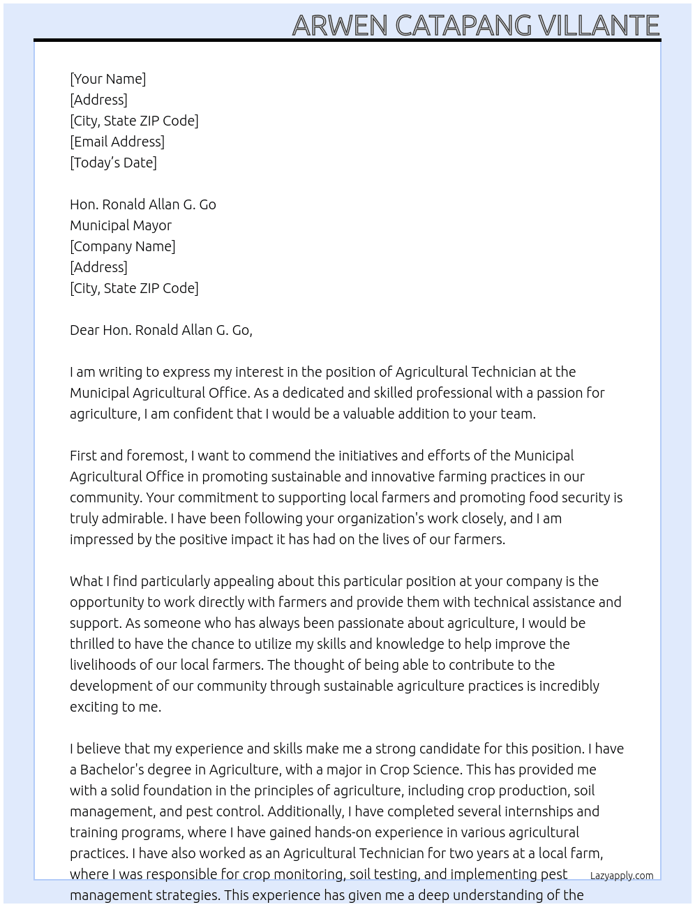 Cover letter for agricultural technician - LazyApply