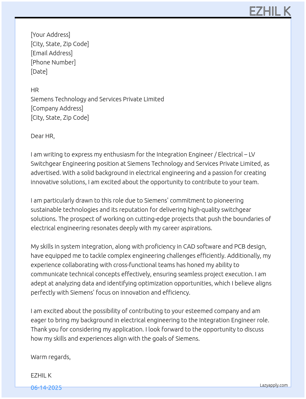 Cover letter for integration engineer / electrical – lv switchgear engineering - LazyApply