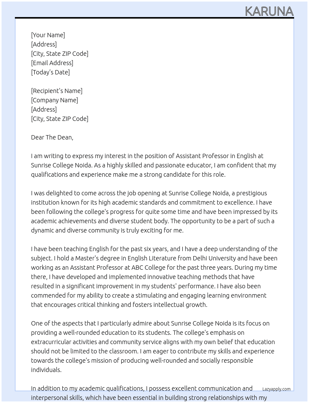 Assistant Professor in English  At Sunrise college noida Cover Letter