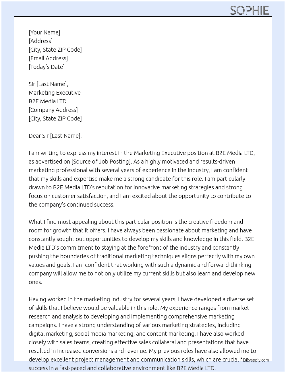 Marketing executive At B2E Media LTD Cover Letter