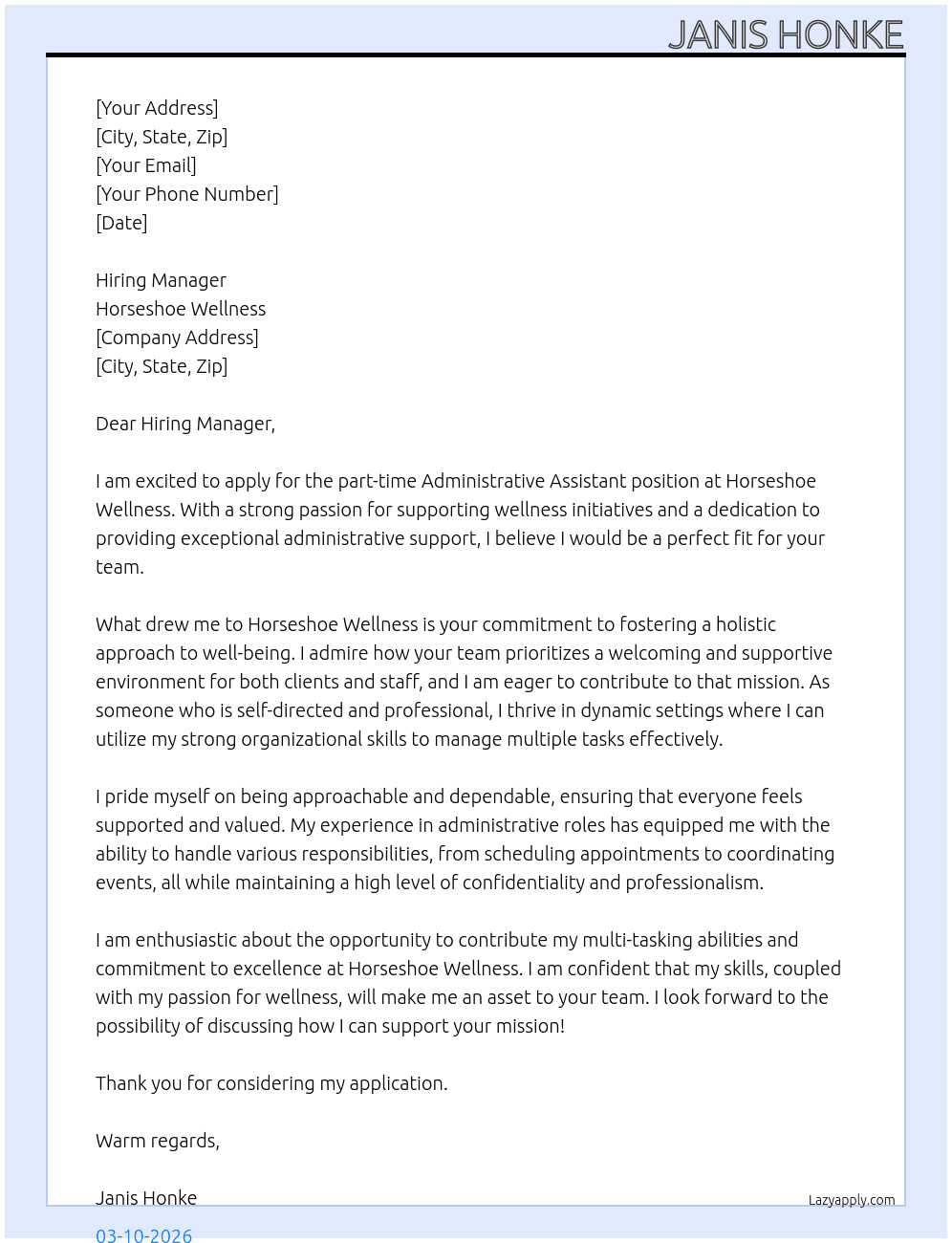 Administrative Assistant At Horseshoe Wellness Cover Letter