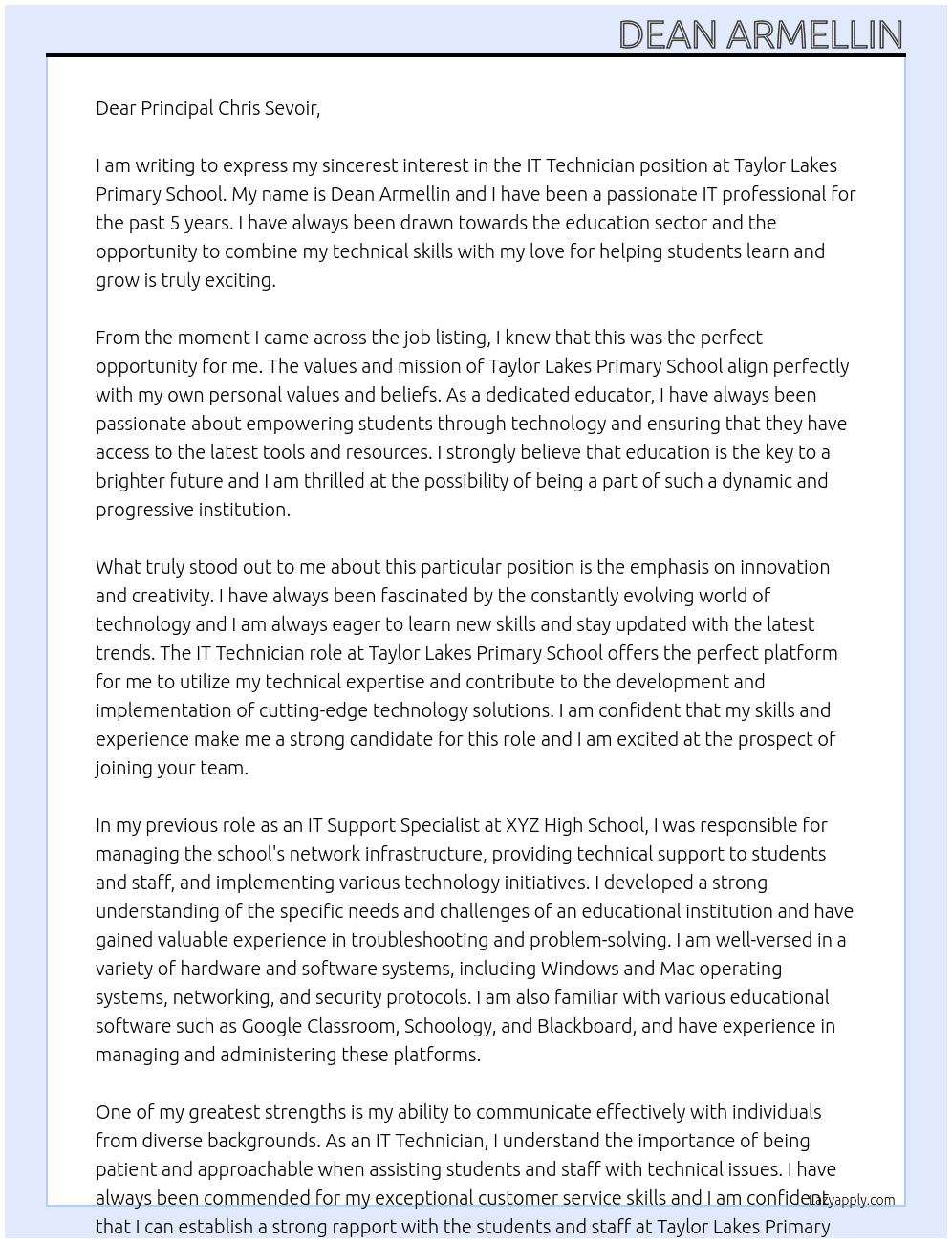 IT Technician At Taylor Lakes Primary School Cover Letter