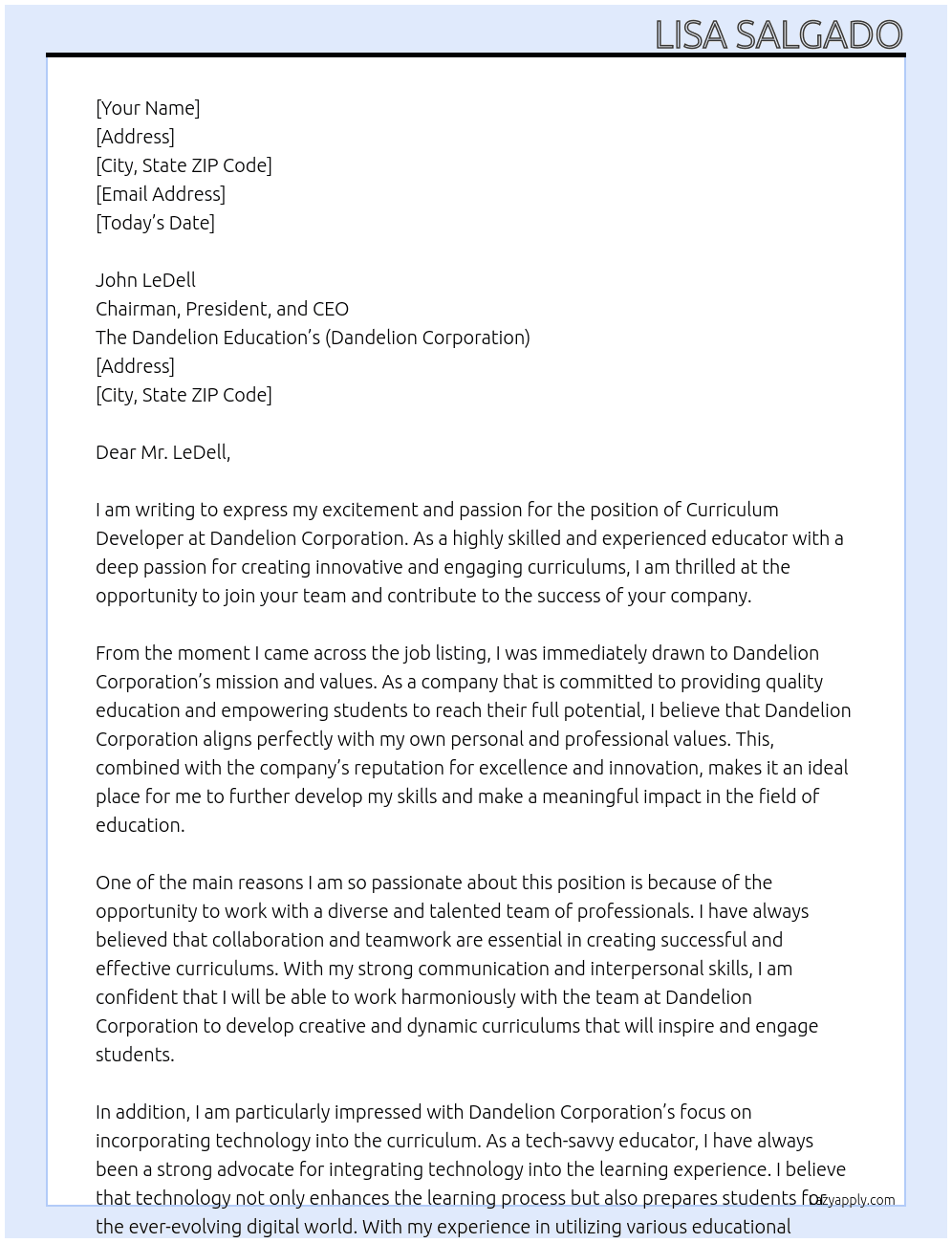 Curriculum Developer At Dandelion Corporation Cover Letter