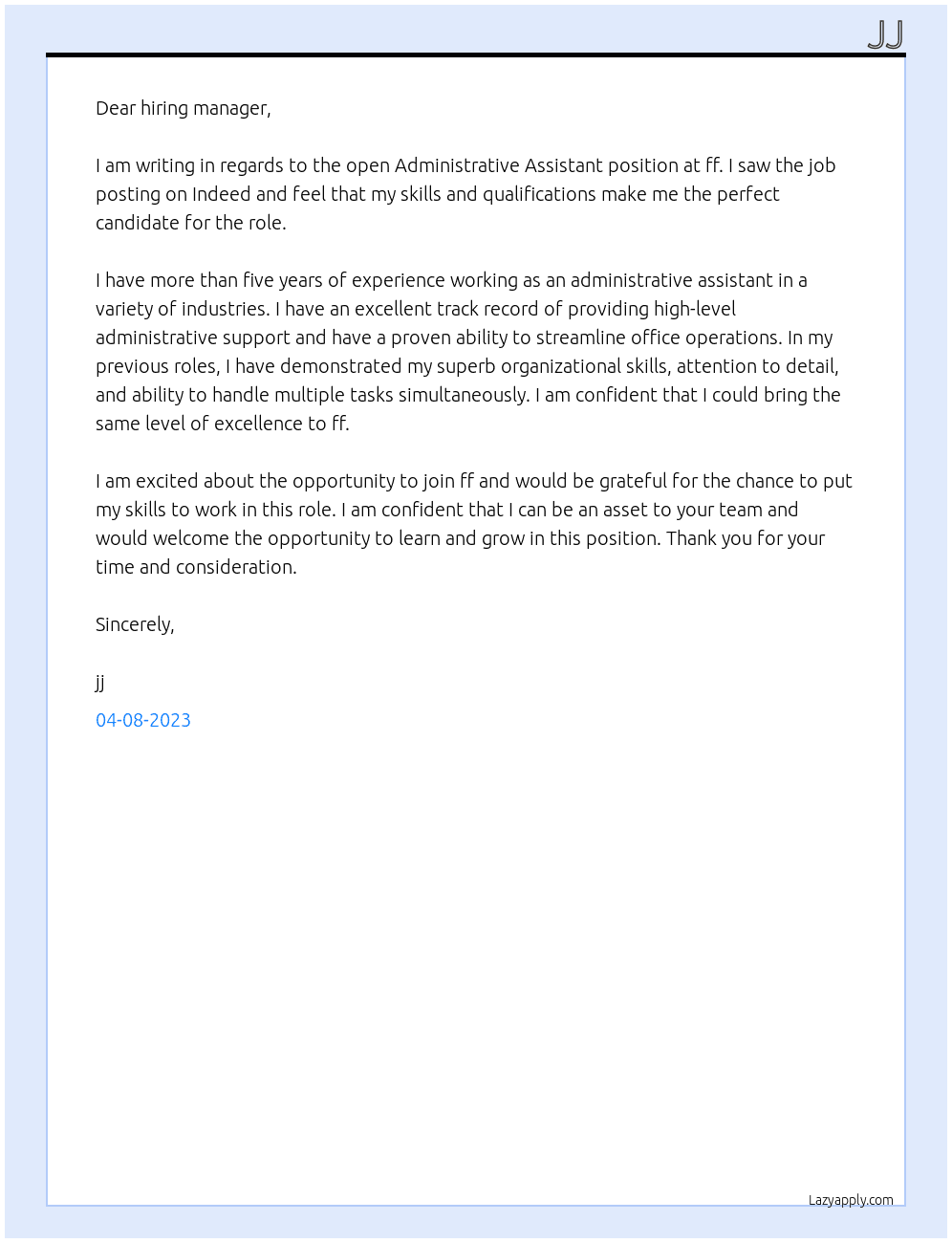 Administrative assistant At ff Cover Letter