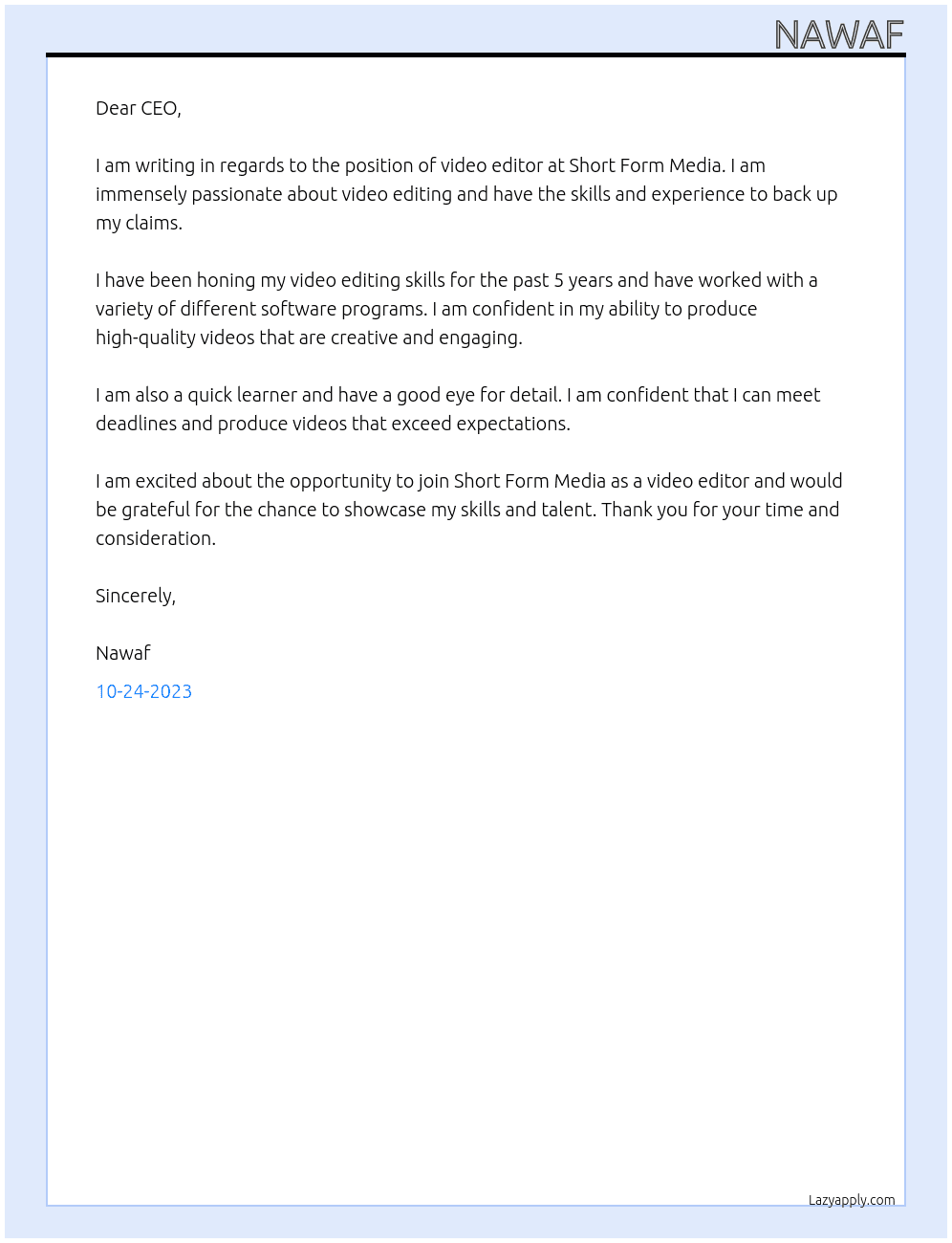 video editor At Short Form Media Cover Letter