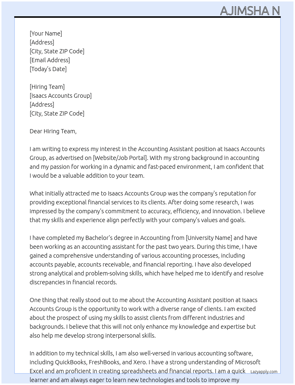 Accounting Assistant  At Isaacs Accounts Group  Cover Letter