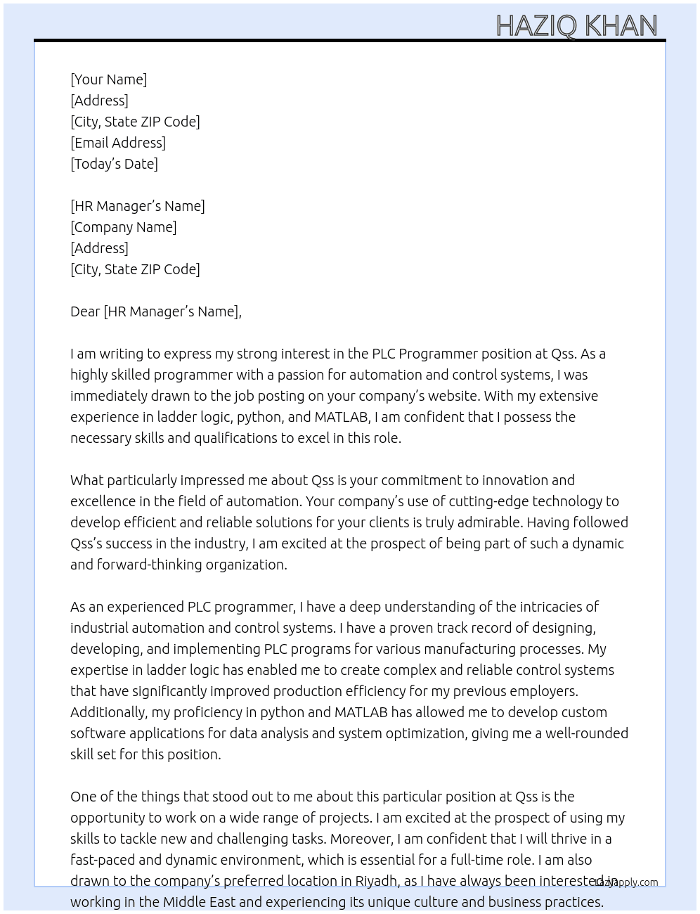 Cover letter for plc programmer - LazyApply