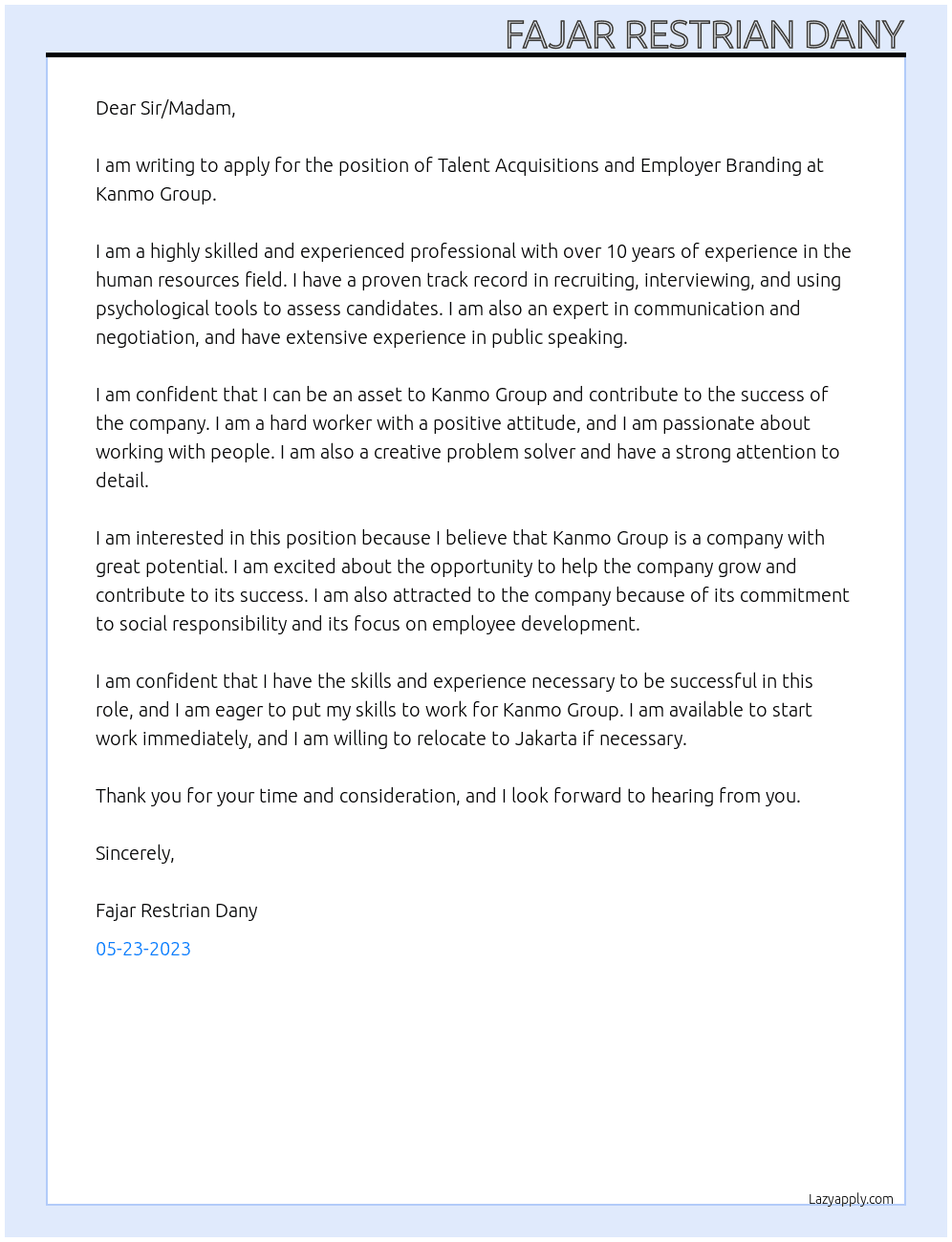 Talent Acquisitions and Employer Branding At Kanmo Group Cover Letter