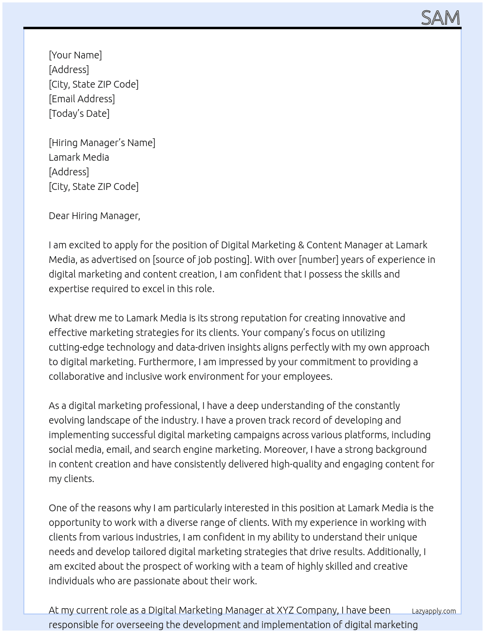 Digital Marketing & Content Manager At Lamark Media Cover Letter