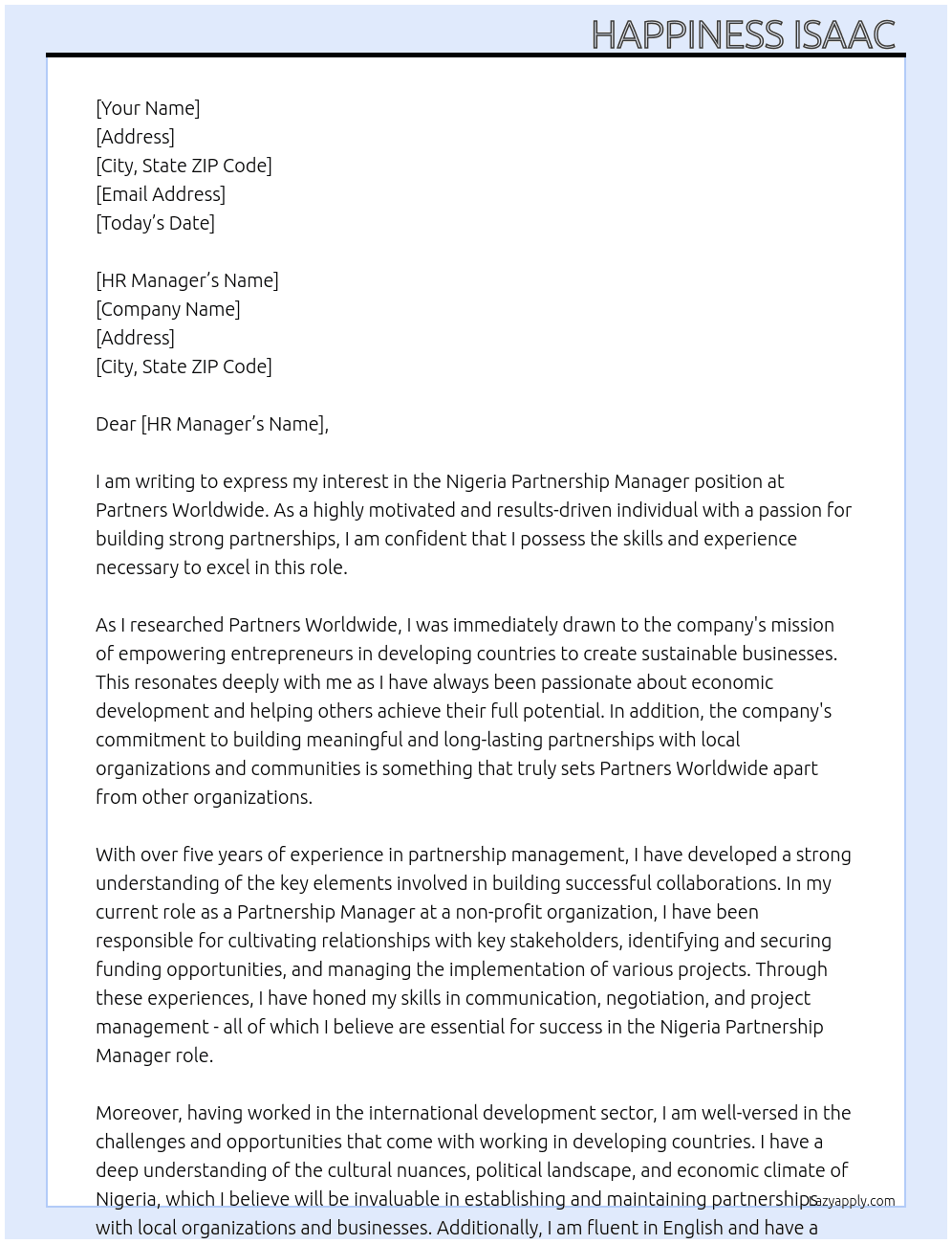 Nigeria partnership manager  At Partners worldwide  Cover Letter